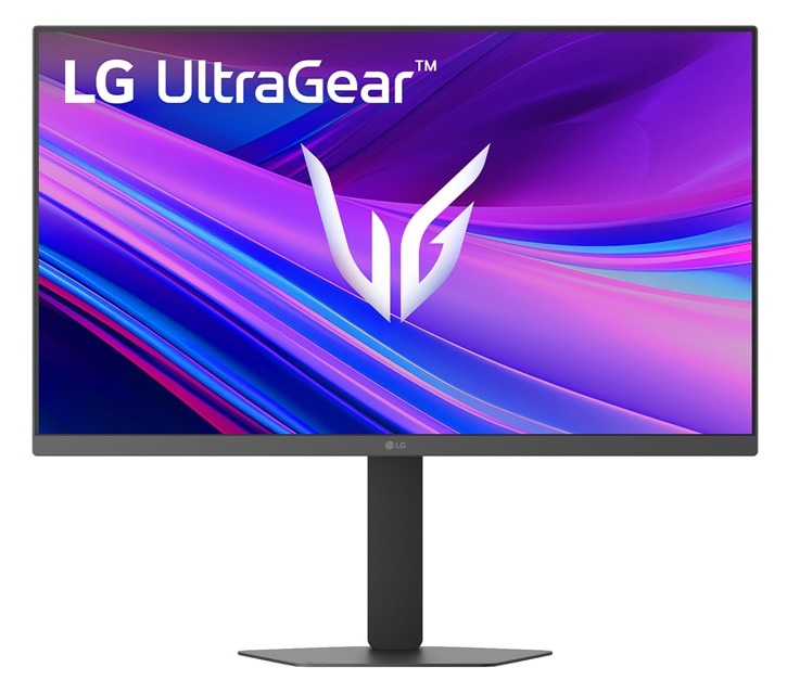 Monitor gamingowy LG UltraGear z białym, stylizowanym logo na kolorowym tle.