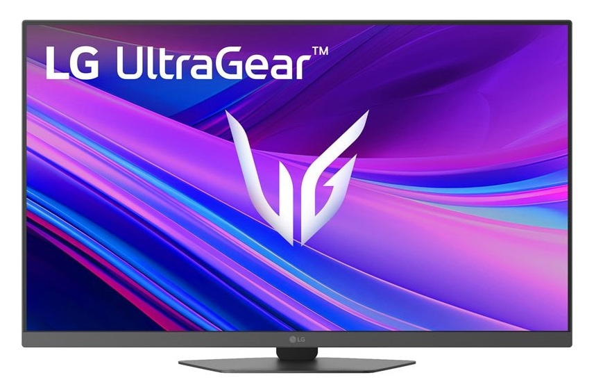 Monitor LG UltraGear wyświetla abstrakcyjne fioletowe i niebieskie linie z logo LG.