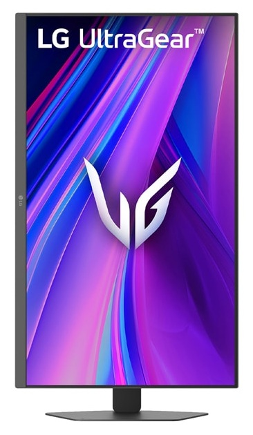 Monitor LG UltraGear z abstrakcyjnym fioletowo-niebieskim tłem.