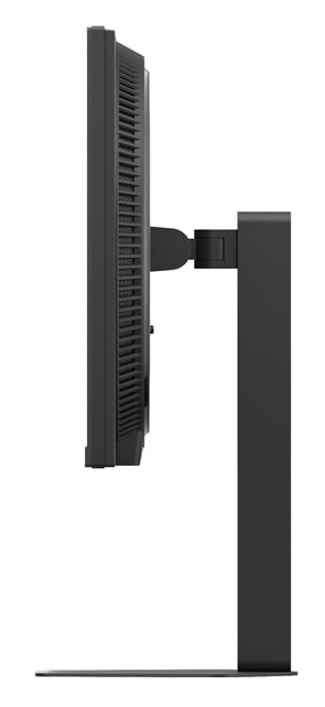 Czarny monitor komputerowy widziany z boku, zamontowany na stojaku.