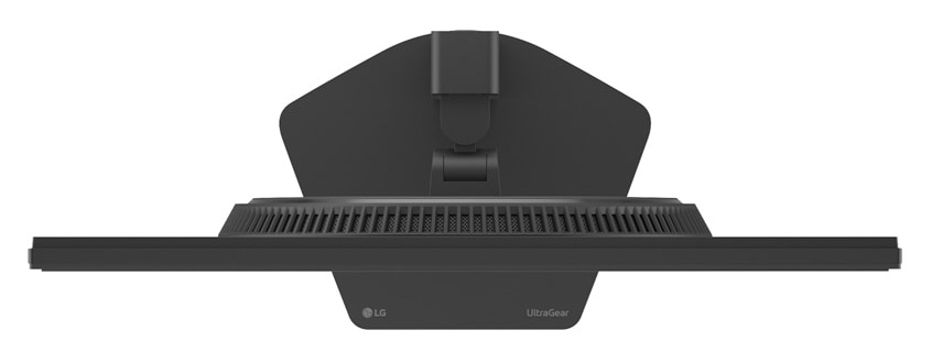 Czarny stojak monitora z otworami wentylacyjnymi i logo LG UltraGear.