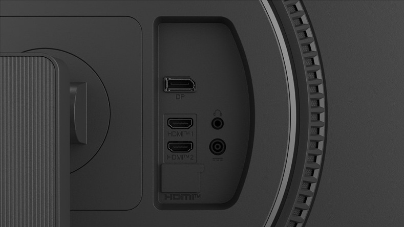 Panel połączeń monitora z portami DP, HDMI i audio.