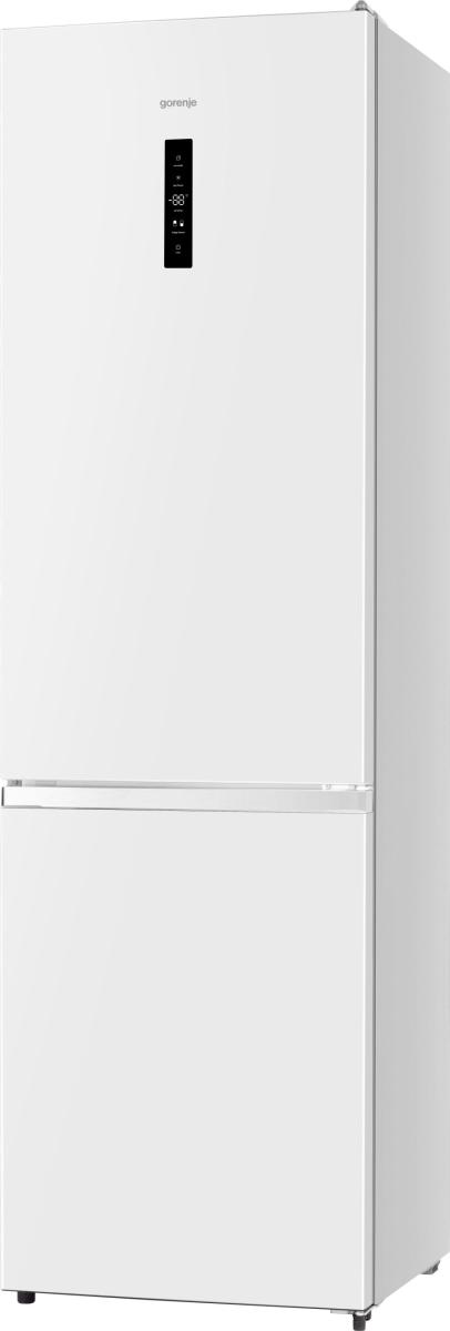 Fehér Gorenje hűtőszekrény digitális kijelzővel a felső ajtón.