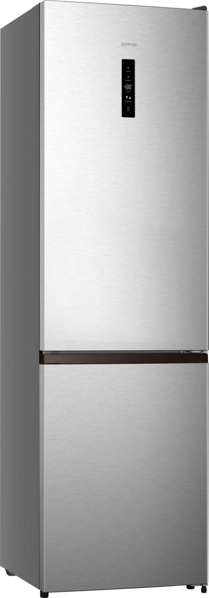 Ezüst Gorenje hűtőszekrény digitális kijelzővel az ajtón.