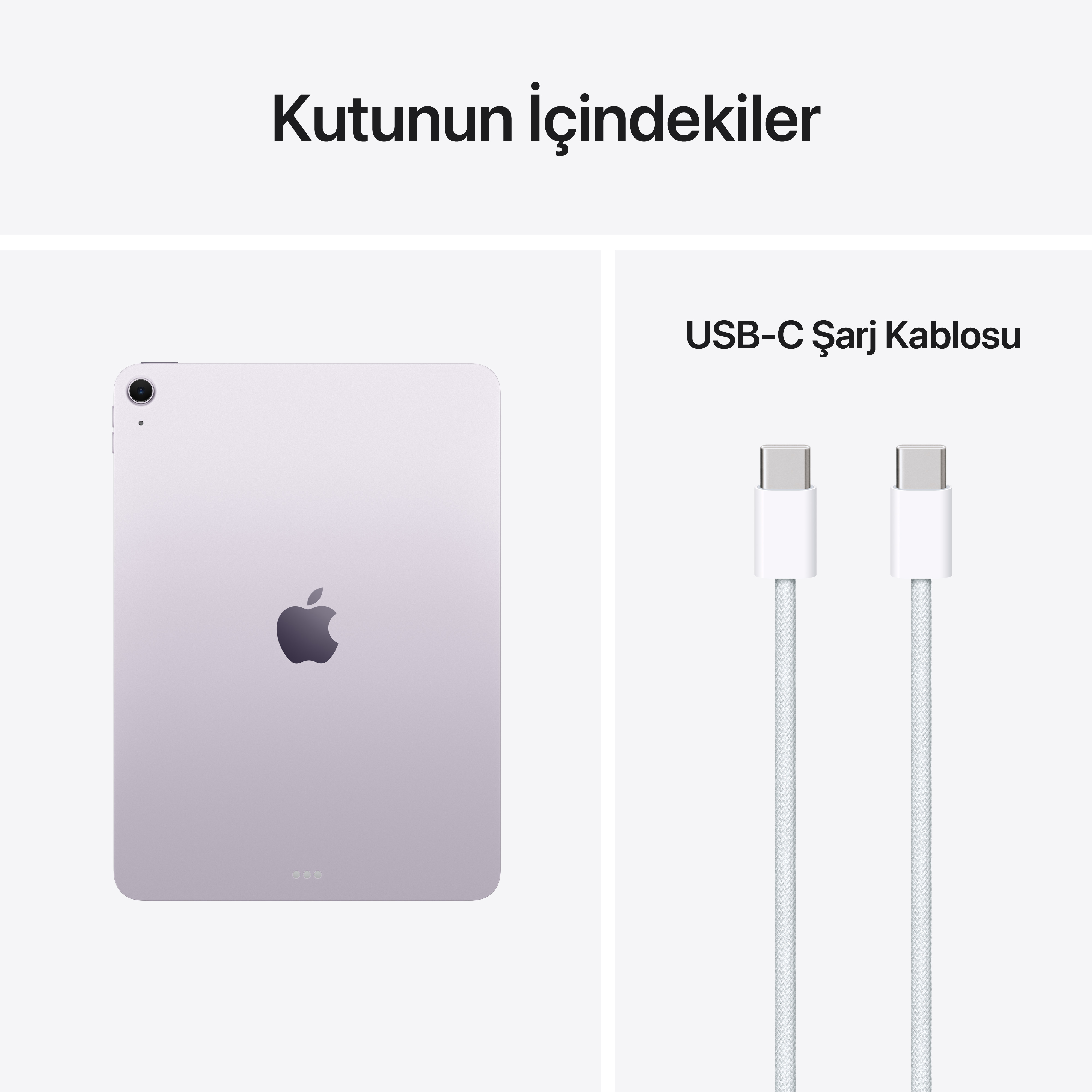 Mor bir tablet ve iki beyaz USB-C şarj kablosu yan yana.