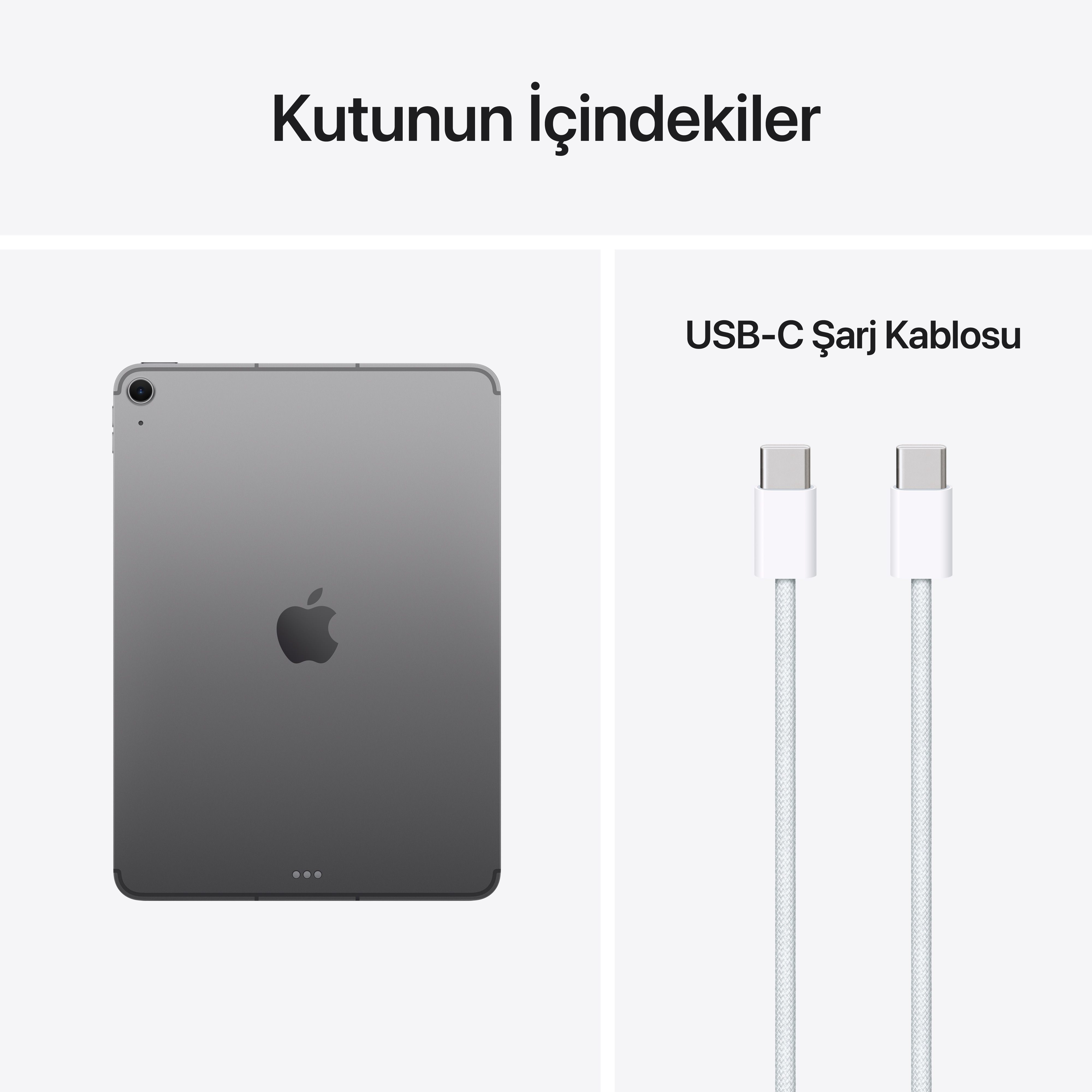 Gri tablet ve iki beyaz USB-C kablosu beyaz zeminde.