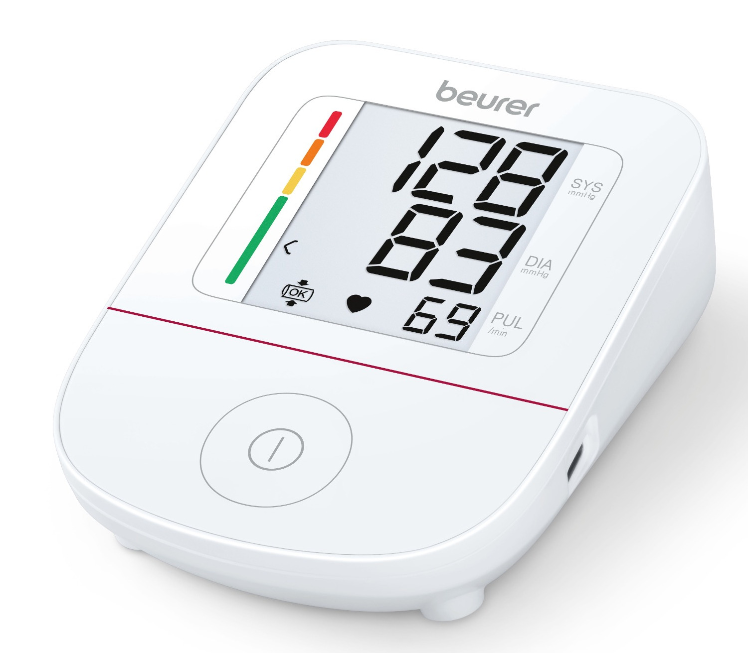 Biały cyfrowy ciśnieniomierz z wyświetlaczem liczbowym i paskiem kolorów.