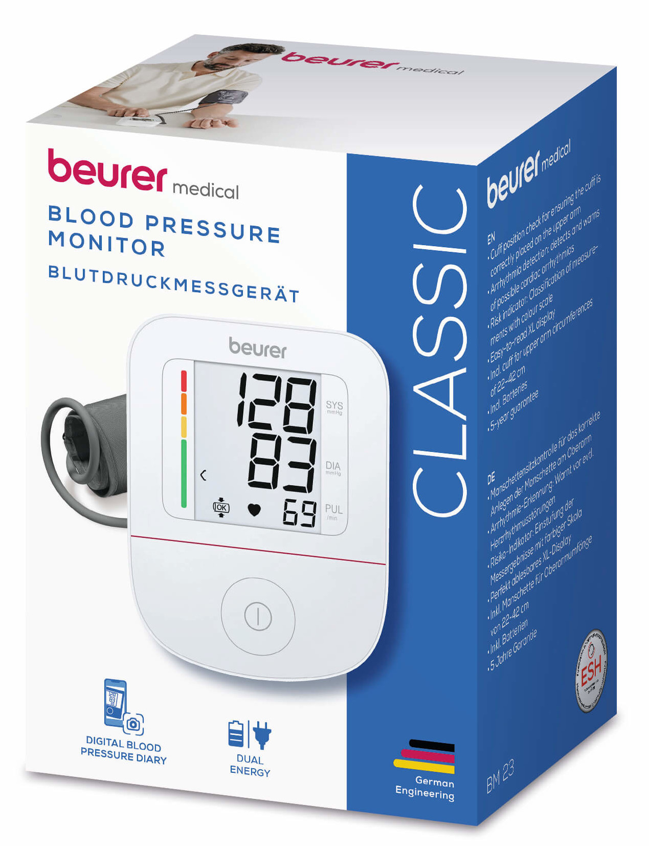 Ciśnieniomierz Beurer Classic z mankietem, wyświetlaczem i funkcjami.