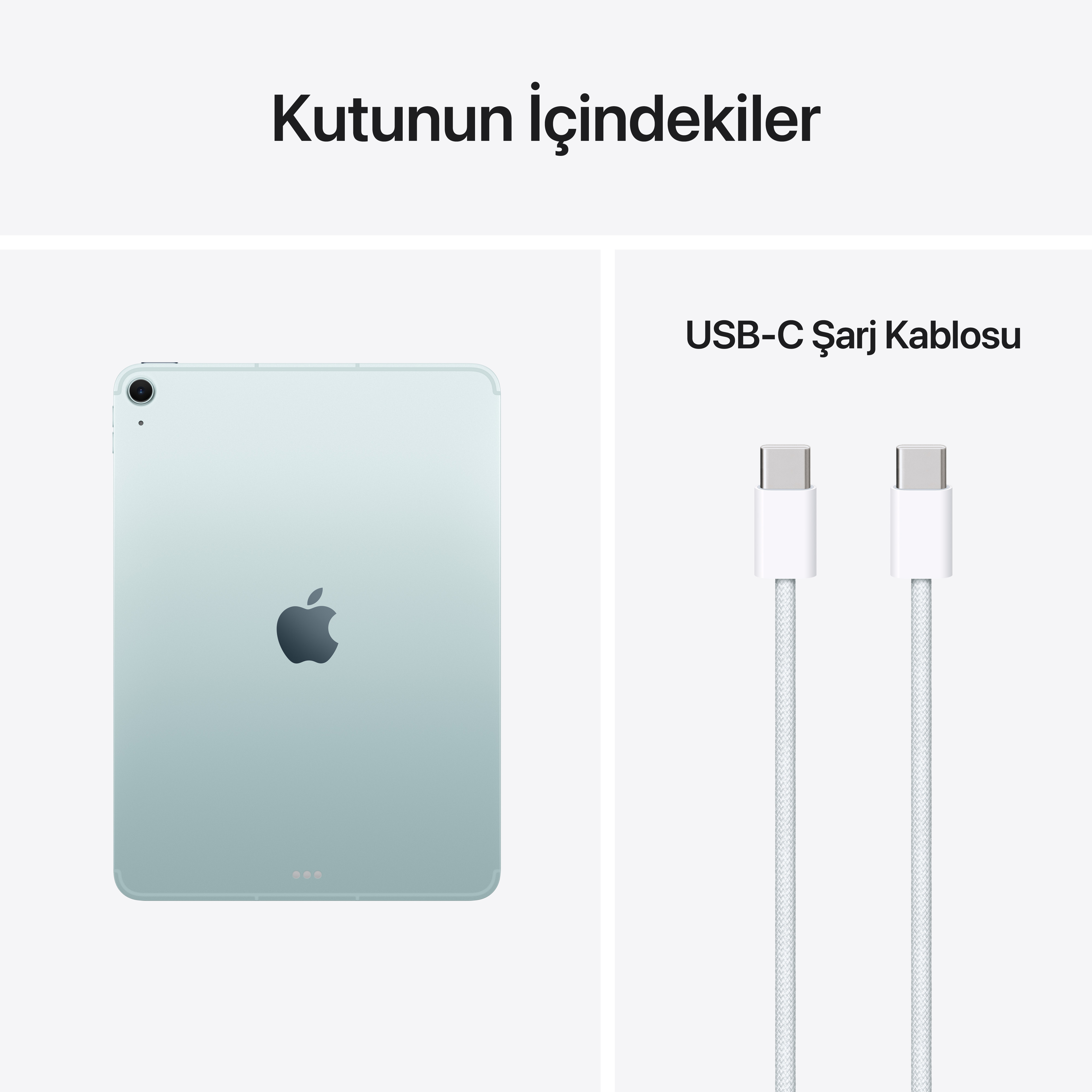 Açık yeşil bir tablet ve iki beyaz USB-C şarj kablosu.