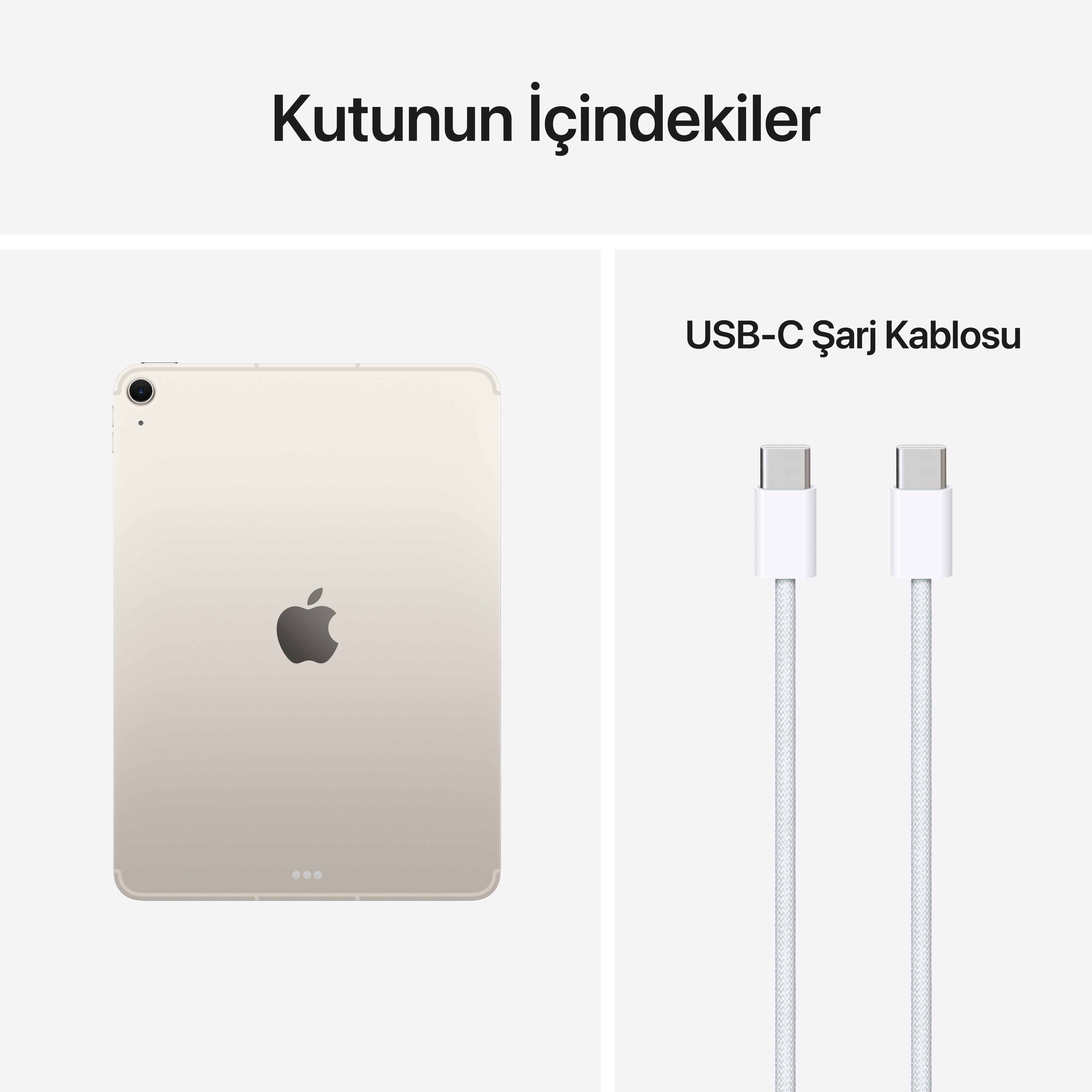 Bir tablet ve iki beyaz USB-C şarj kablosu.