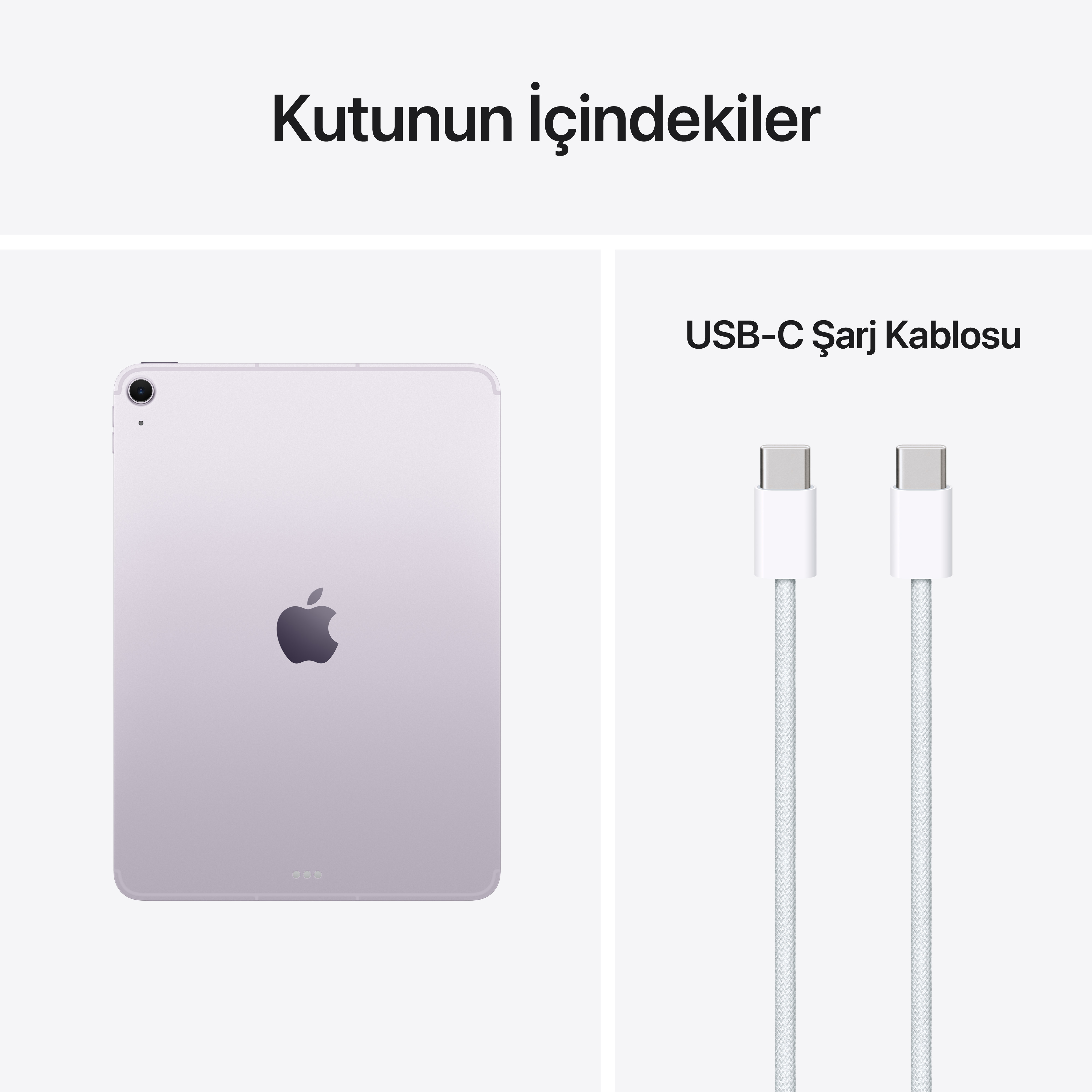 Mor bir tablet ve iki beyaz USB-C şarj kablosu beyaz zeminde.