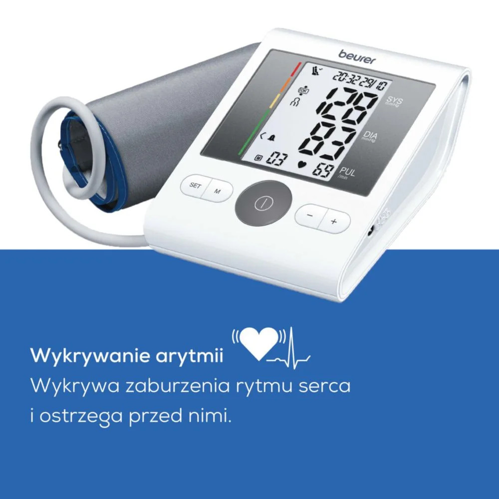 Biały ciśnieniomierz Beurer z mankietem i cyfrowym wyświetlaczem.