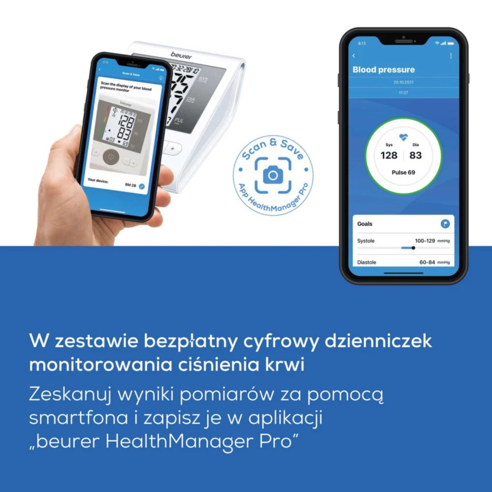 Ciśnieniomierz Beurer obok smartfona wyświetlającego aplikację.