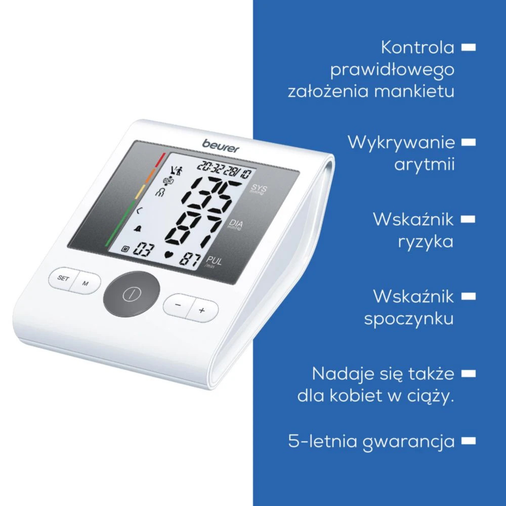 Biały ciśnieniomierz Beurer z cyfrowym wyświetlaczem i przyciskami.