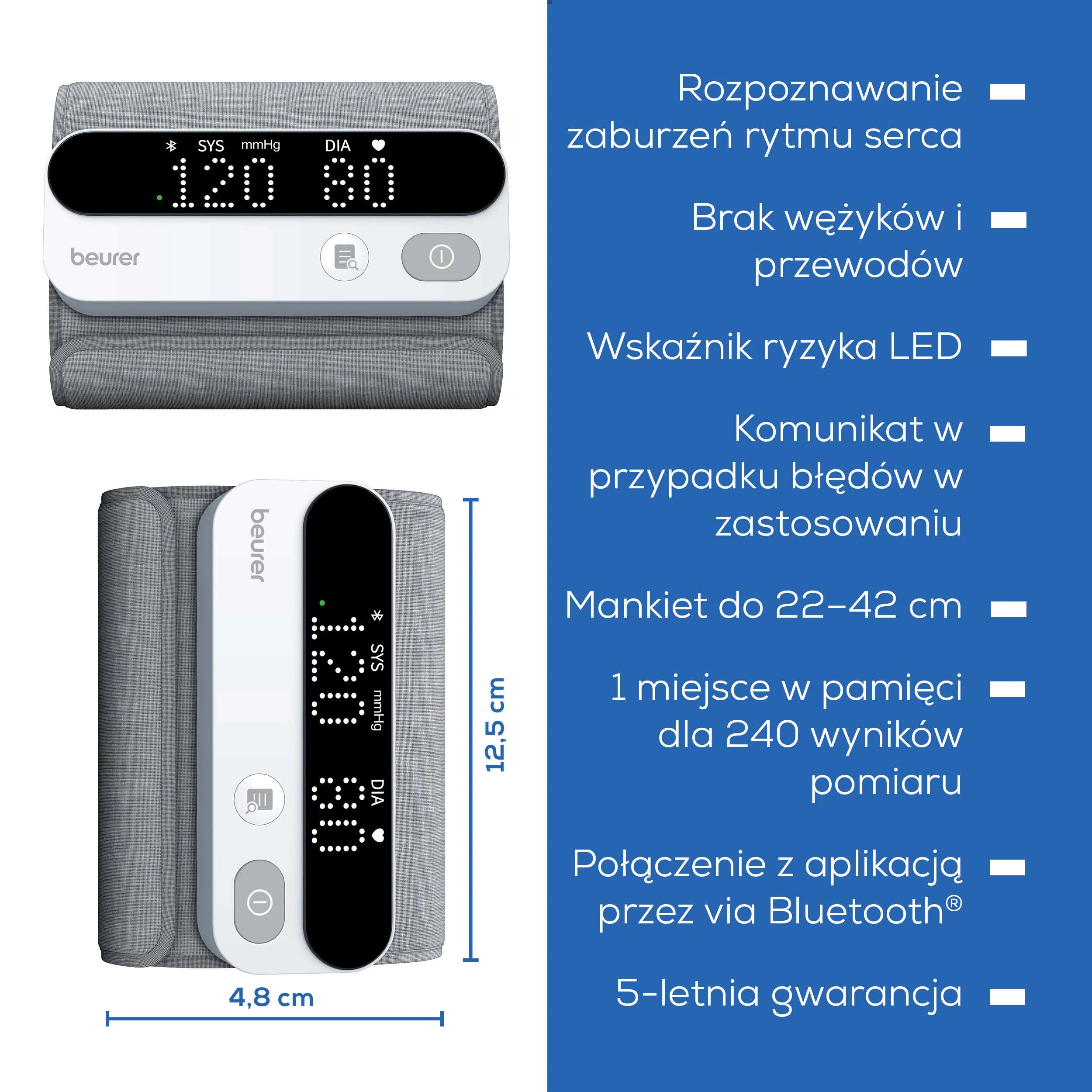Szary ciśnieniomierz Beurer z cyfrowym wyświetlaczem. Wymiary: 4,8 cm x 12,5 cm.
