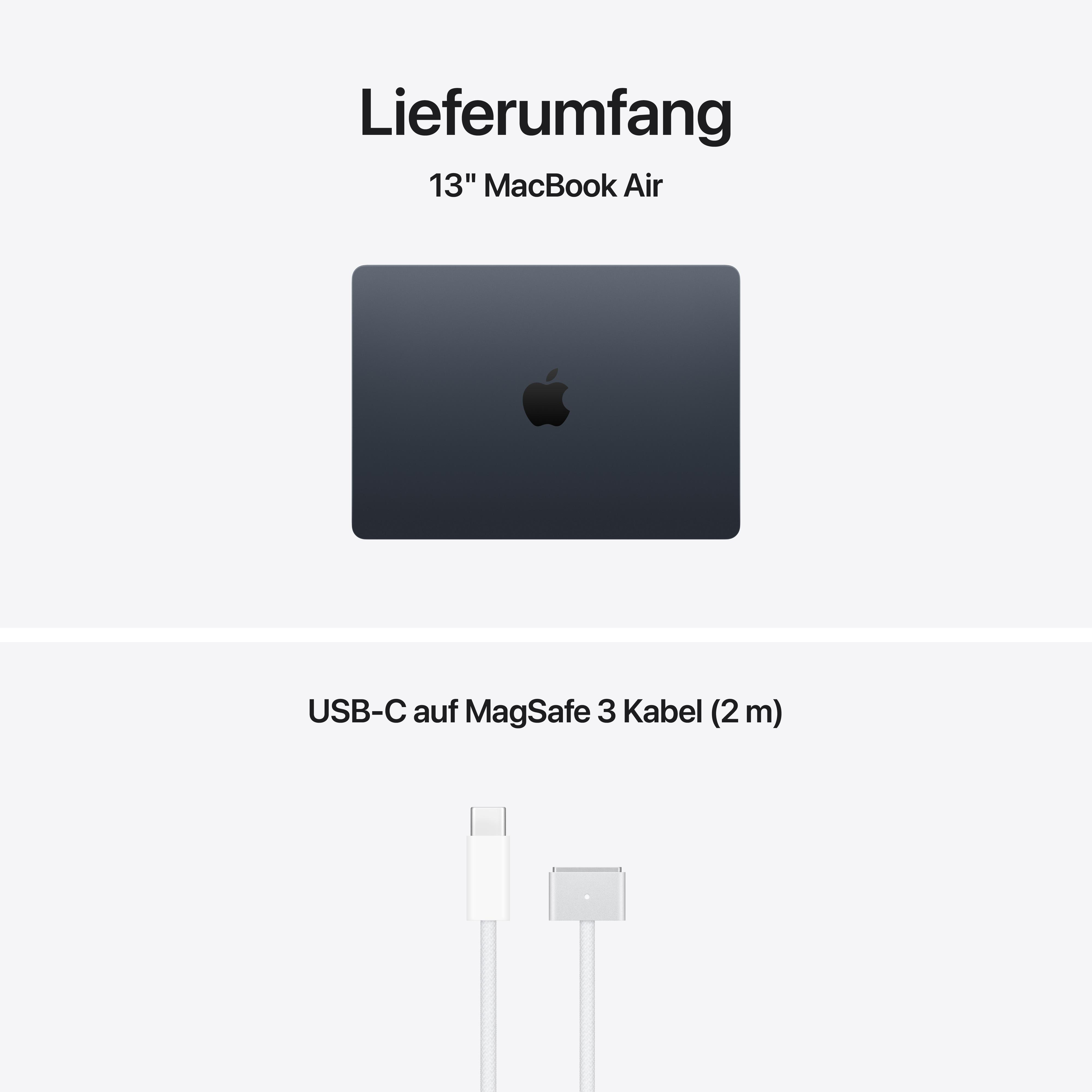 Lieferumfang: 13" MacBook Air und USB-C auf MagSafe 3 Kabel.