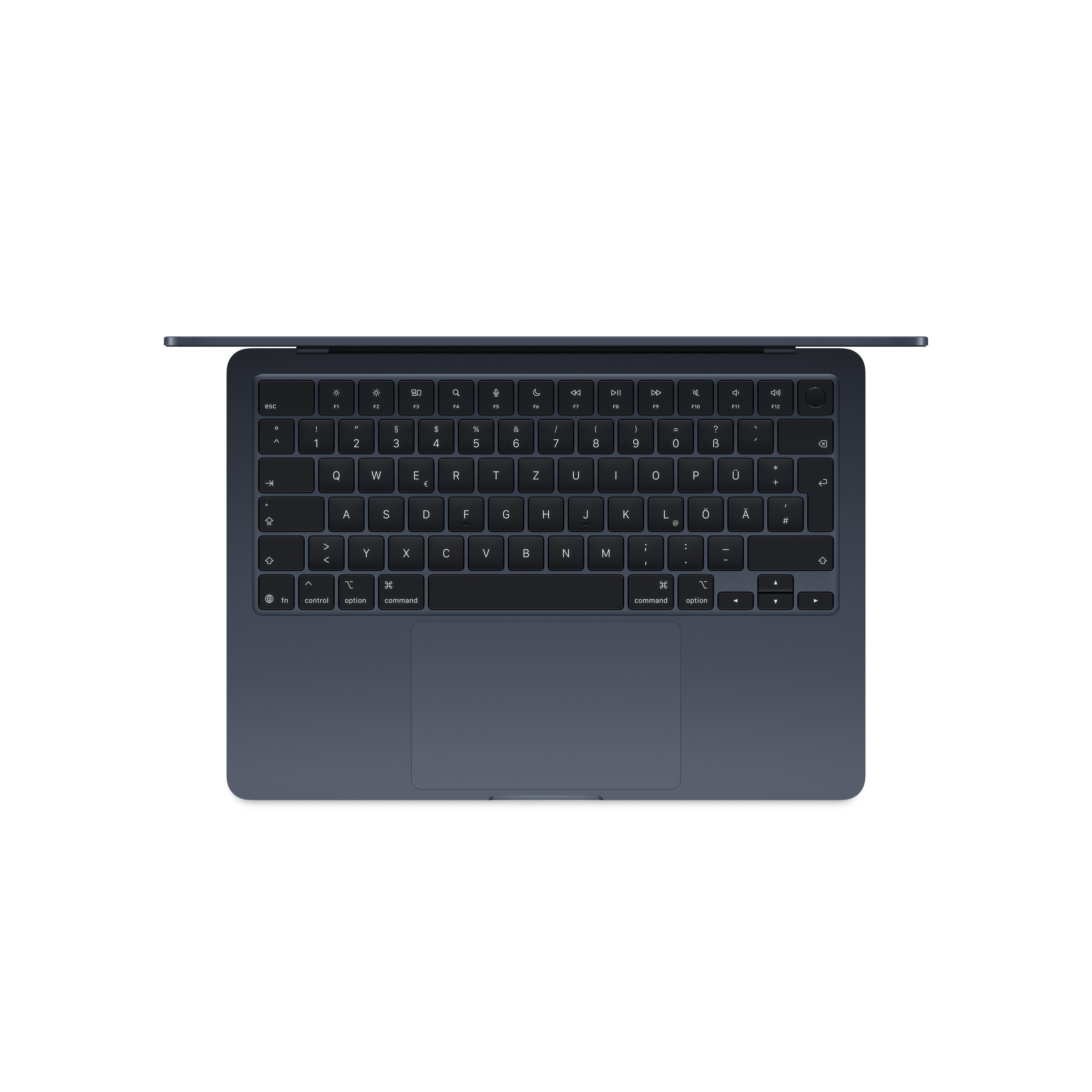 Dunkelgraues Laptop-Tastatur und Touchpad auf weißem Hintergrund.