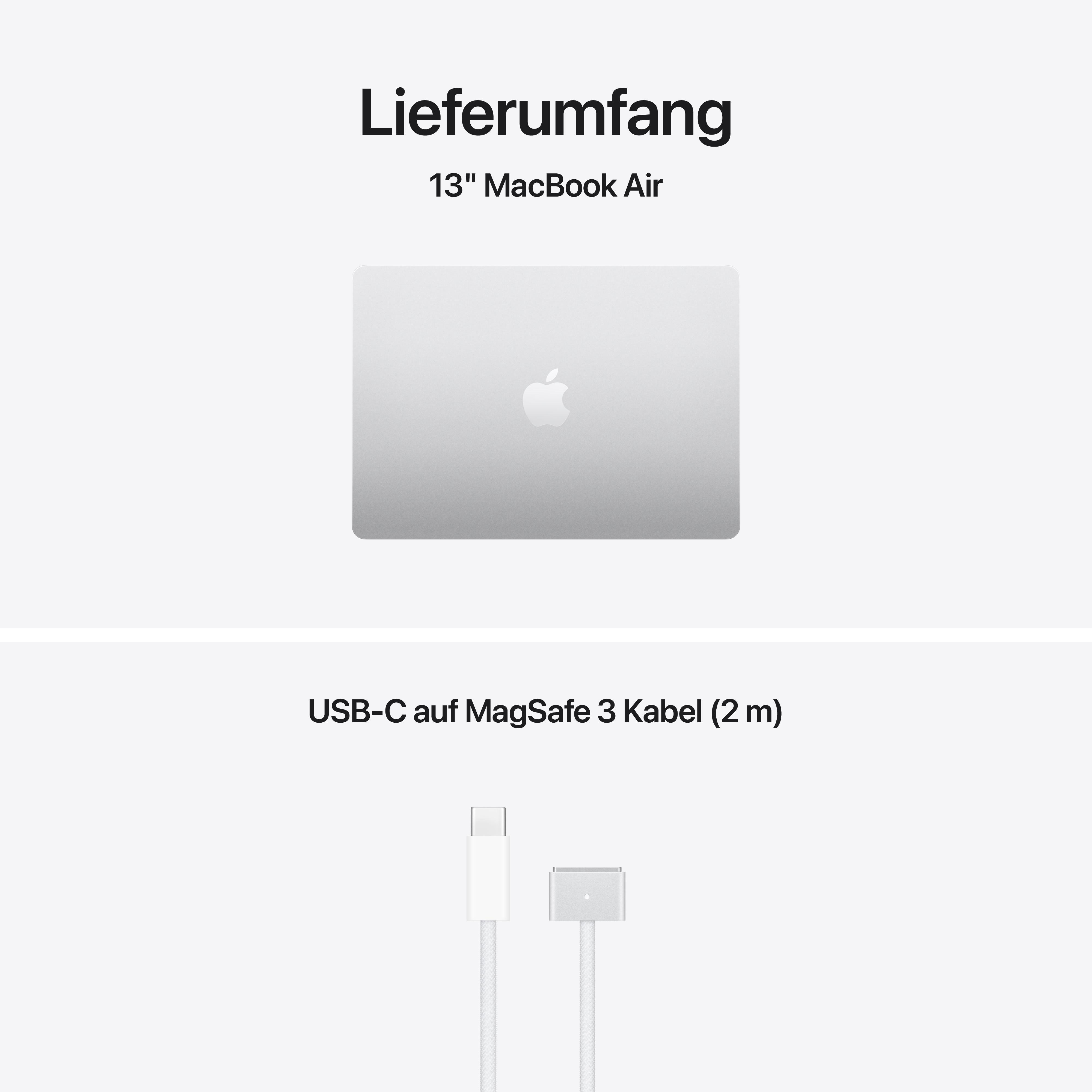 Ein silbernes 13" MacBook Air und ein weißes USB-C auf MagSafe 3 Kabel.