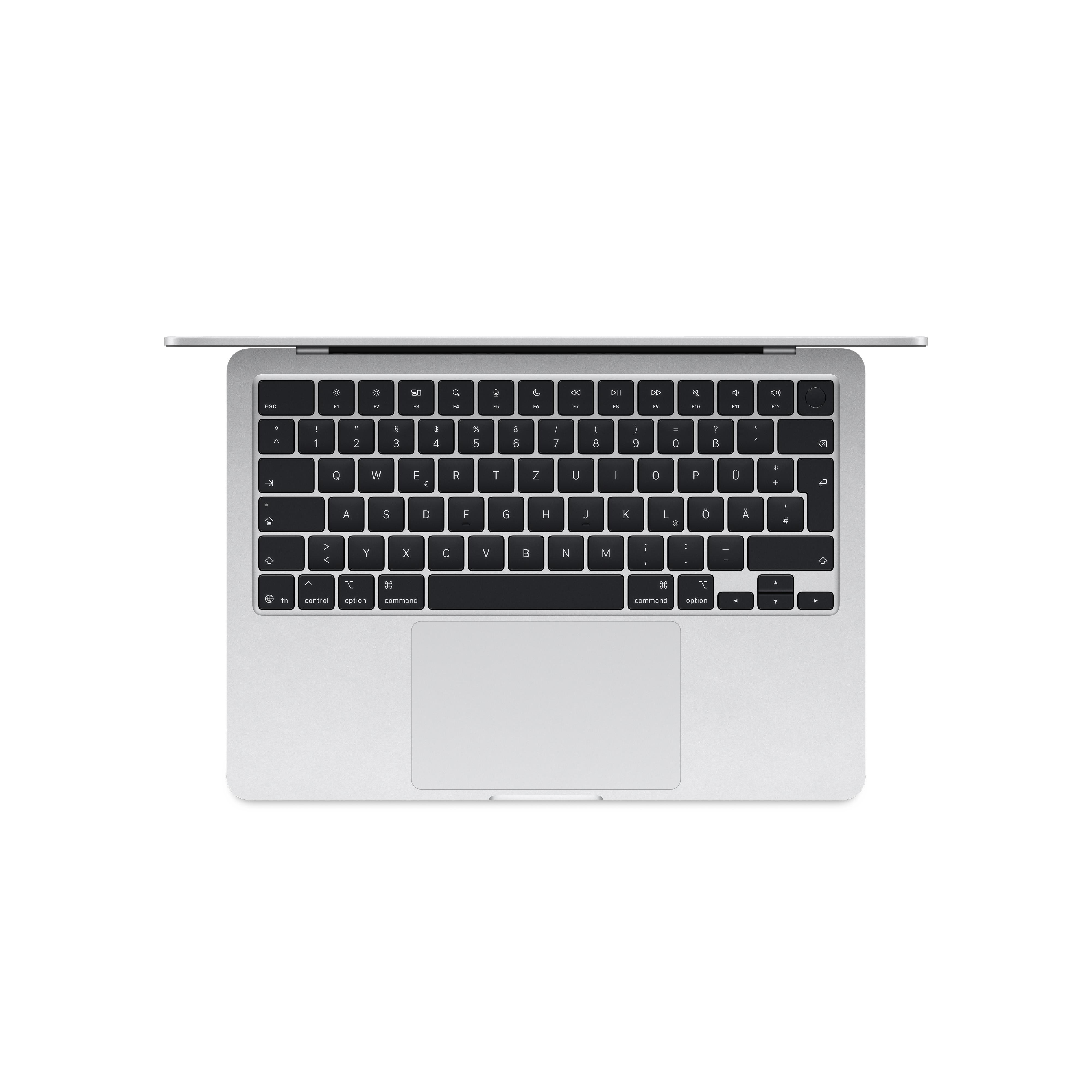 Eine Nahaufnahme einer silbernen Laptop-Tastatur und eines Touchpads auf weißem Hintergrund.