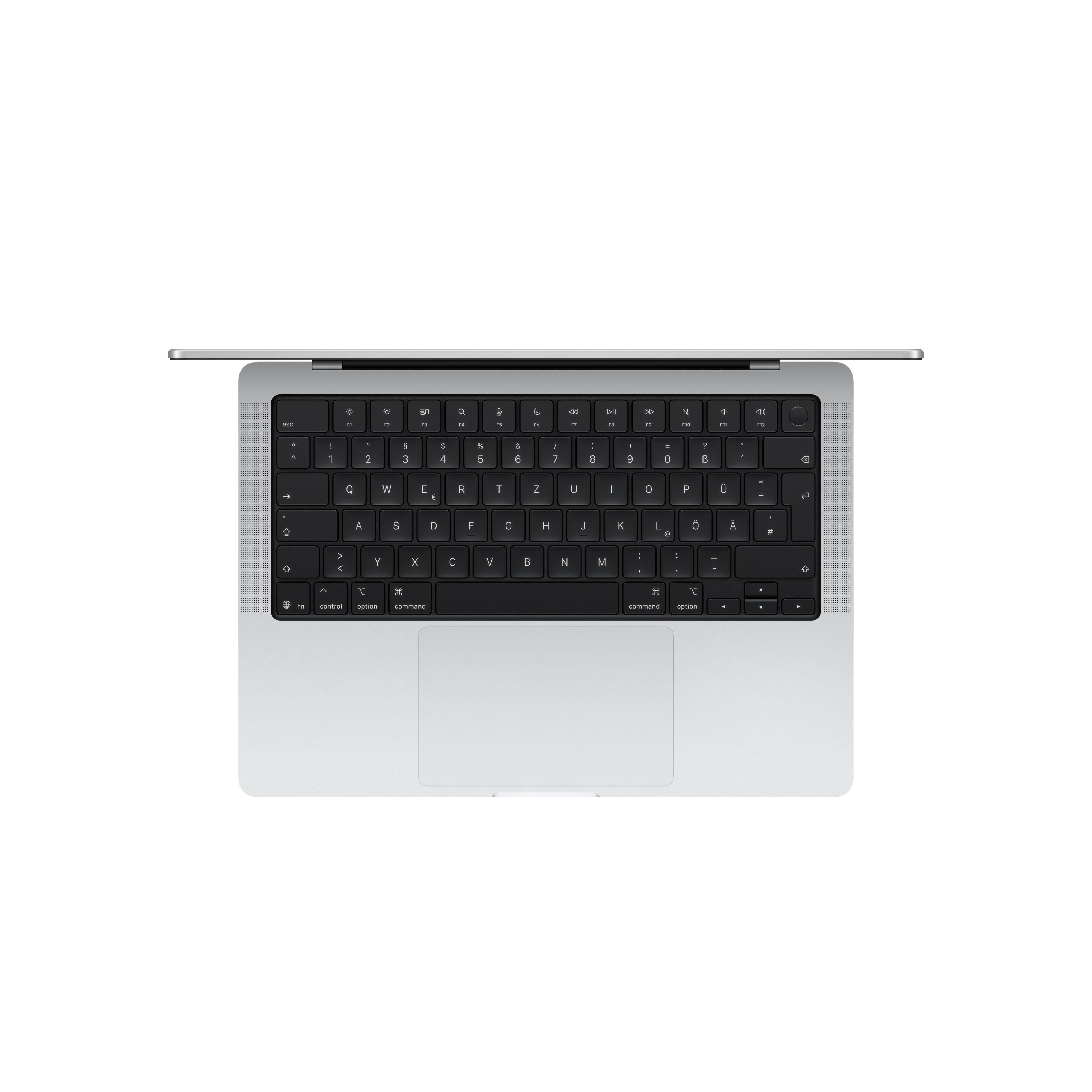 Ein silberner Laptop ist von oben zu sehen. Die Tastatur ist schwarz.
