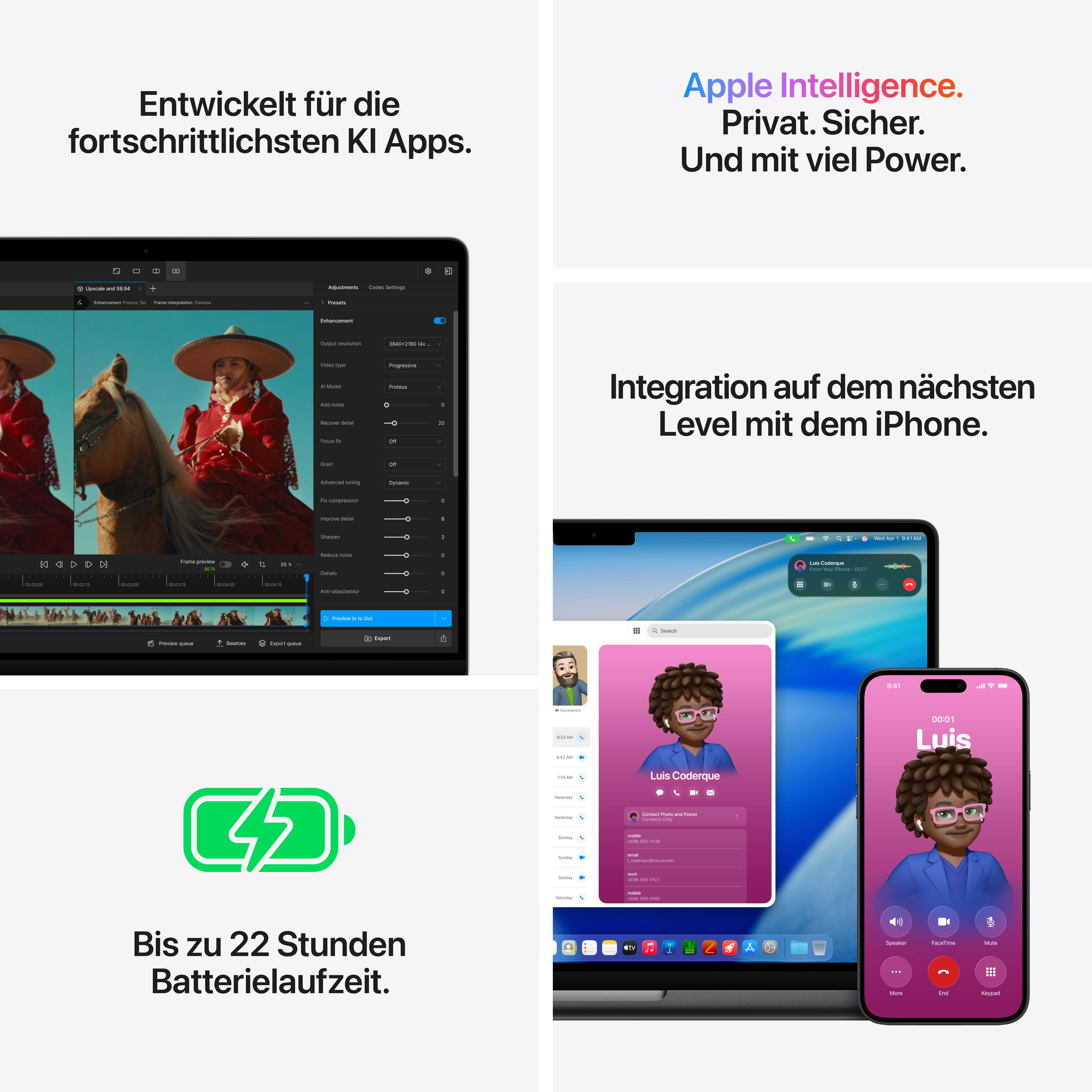 Split screen: Video editing on left, iPhone/Mac interfaces on right. Battery icon.
