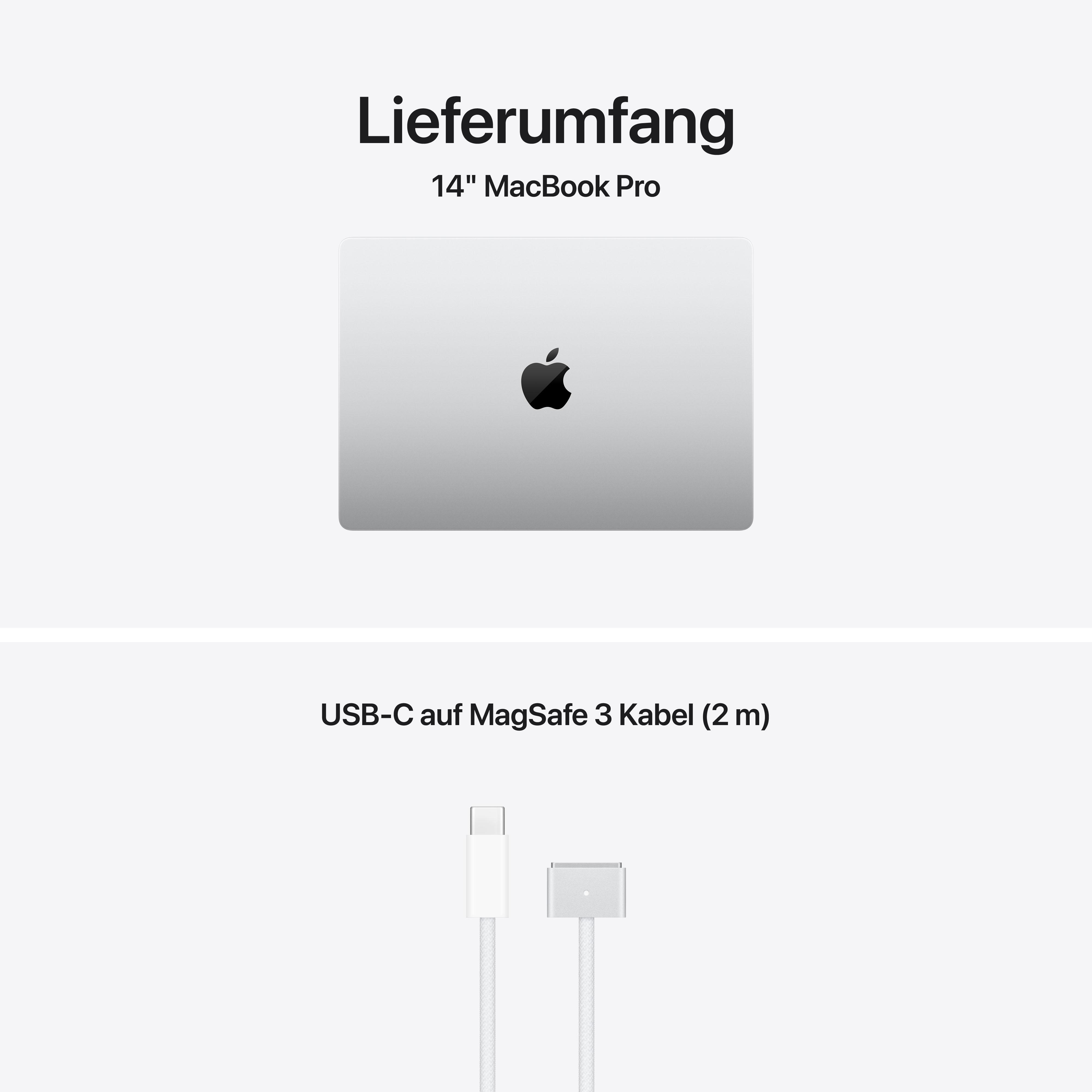 Ein 14-Zoll MacBook Pro und ein weißes USB-C auf MagSafe 3 Ladekabel.