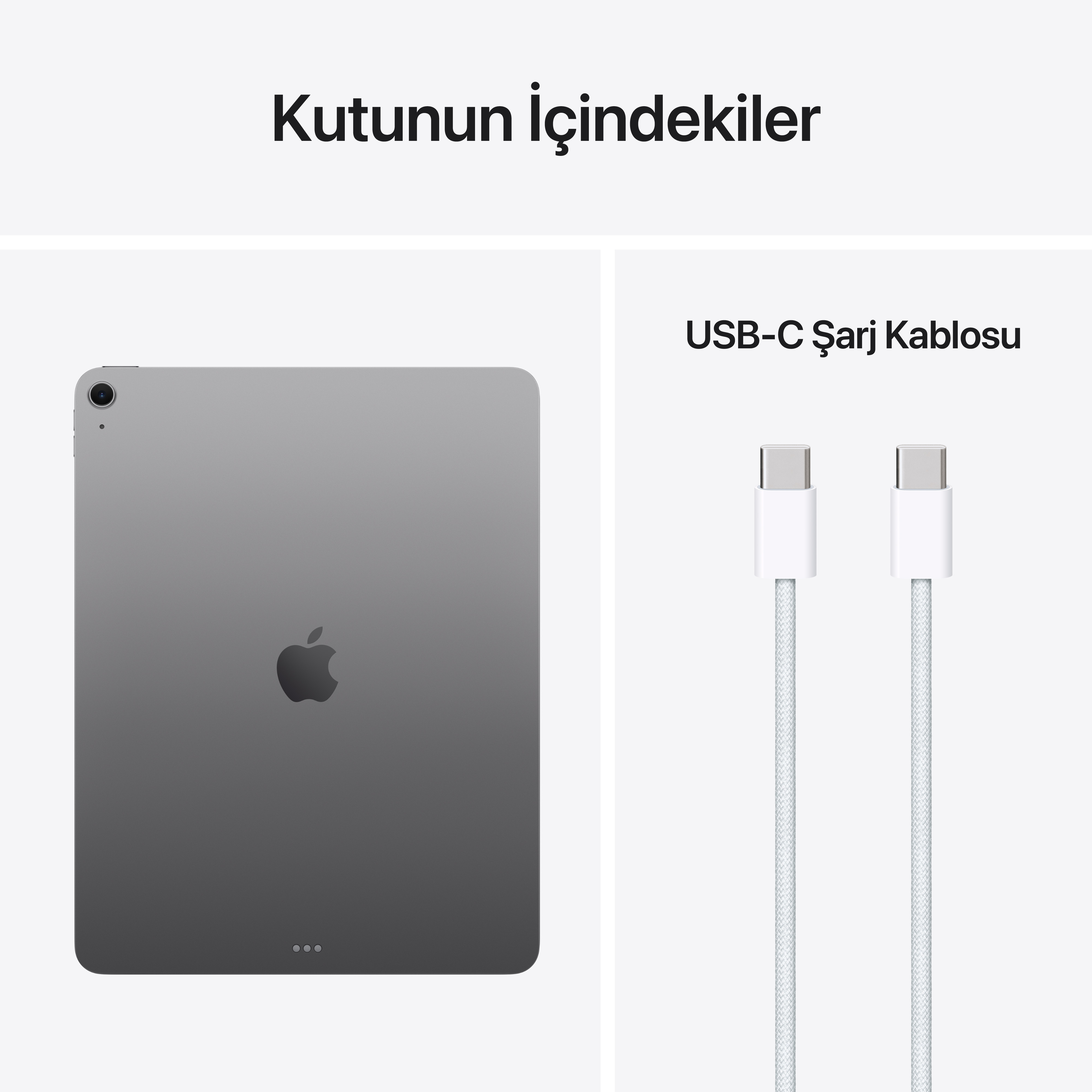 Beyaz zeminde gri Apple tablet ve iki beyaz USB-C şarj kablosu.