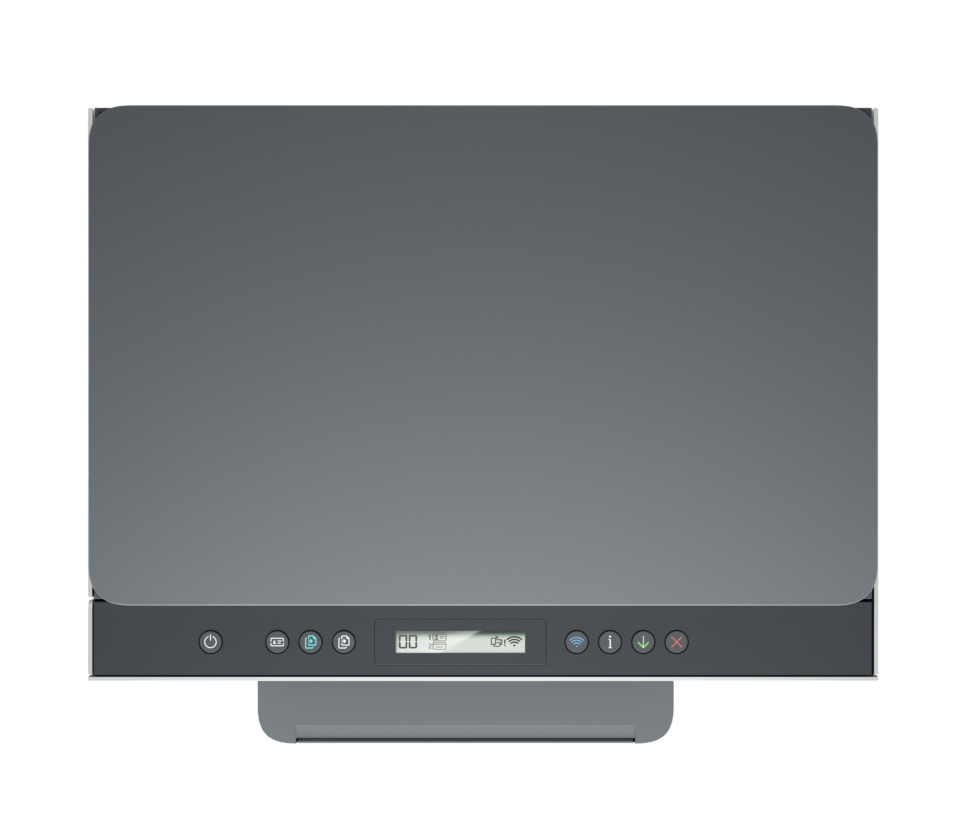 Szara drukarka z panelem sterowania i wyświetlaczem, widok z góry.