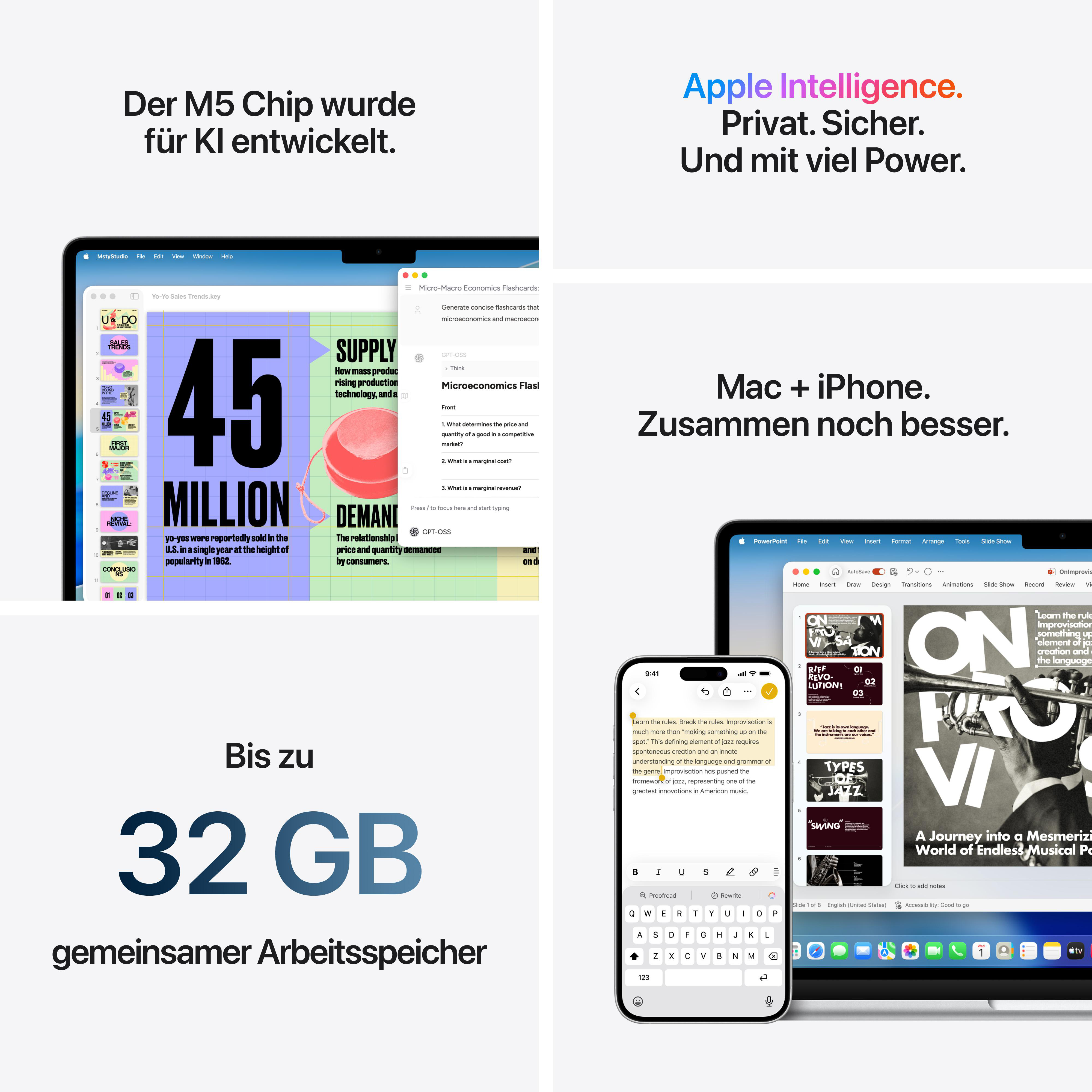 Apple-Geräte mit Text über M5 Chip, KI und Speicheroptionen.