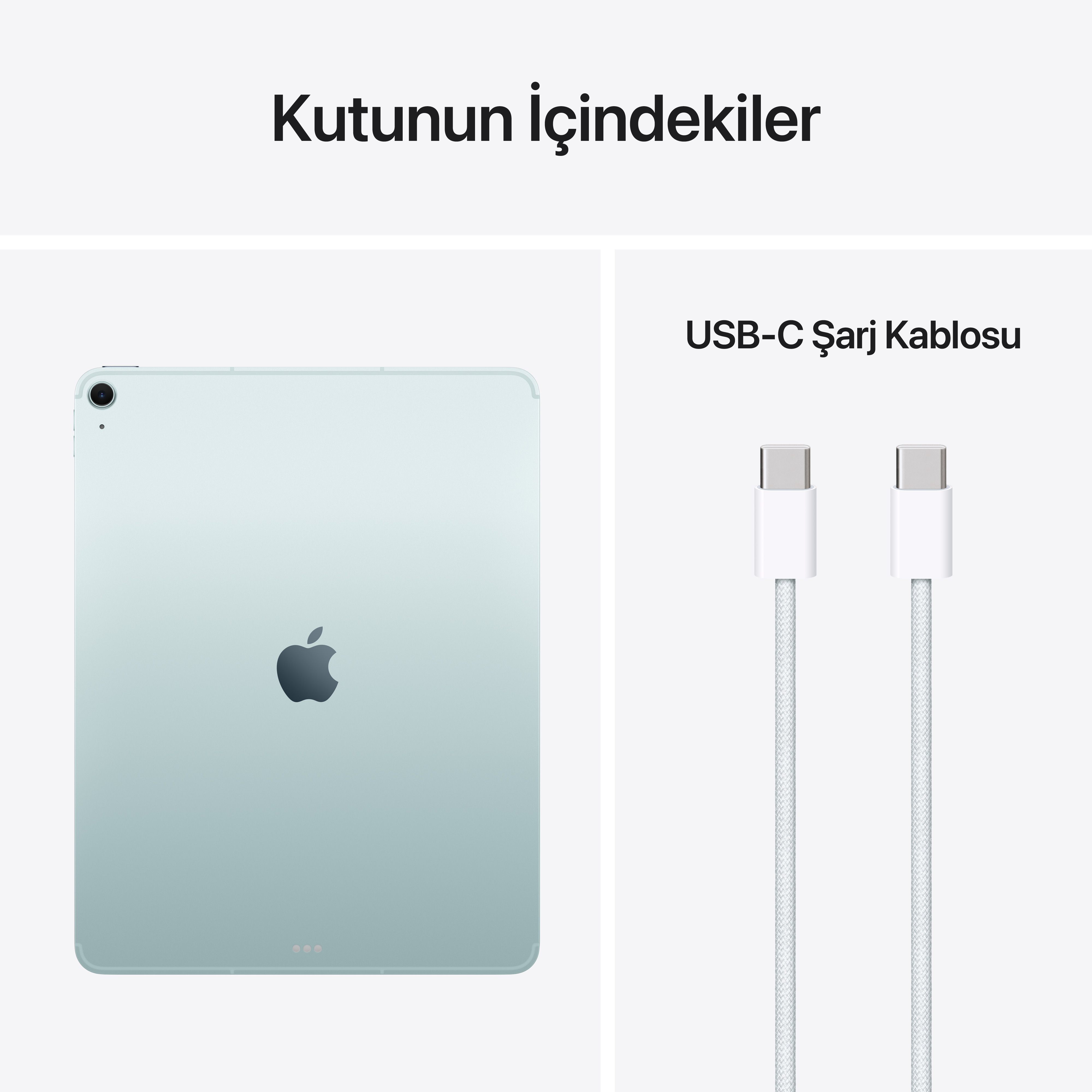 Apple logosu olan açık yeşil tablet ve iki beyaz USB-C şarj kablosu.