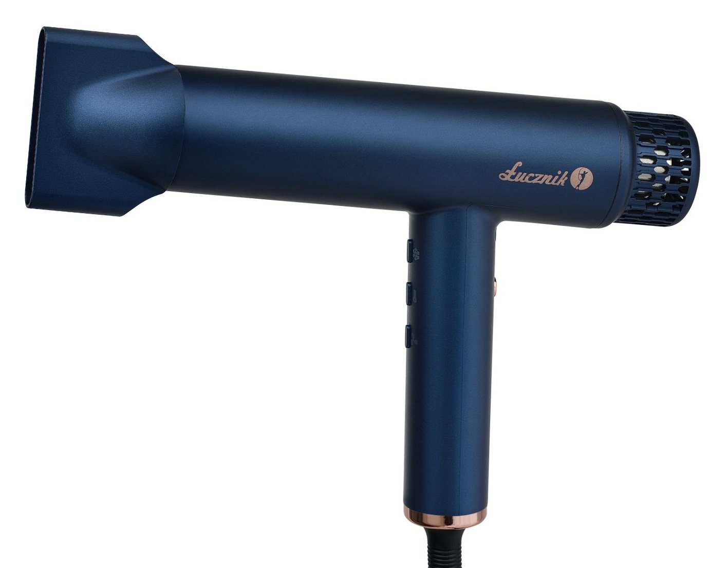Ciemnoniebieska suszarka do włosów z dyszą i uchwytem.