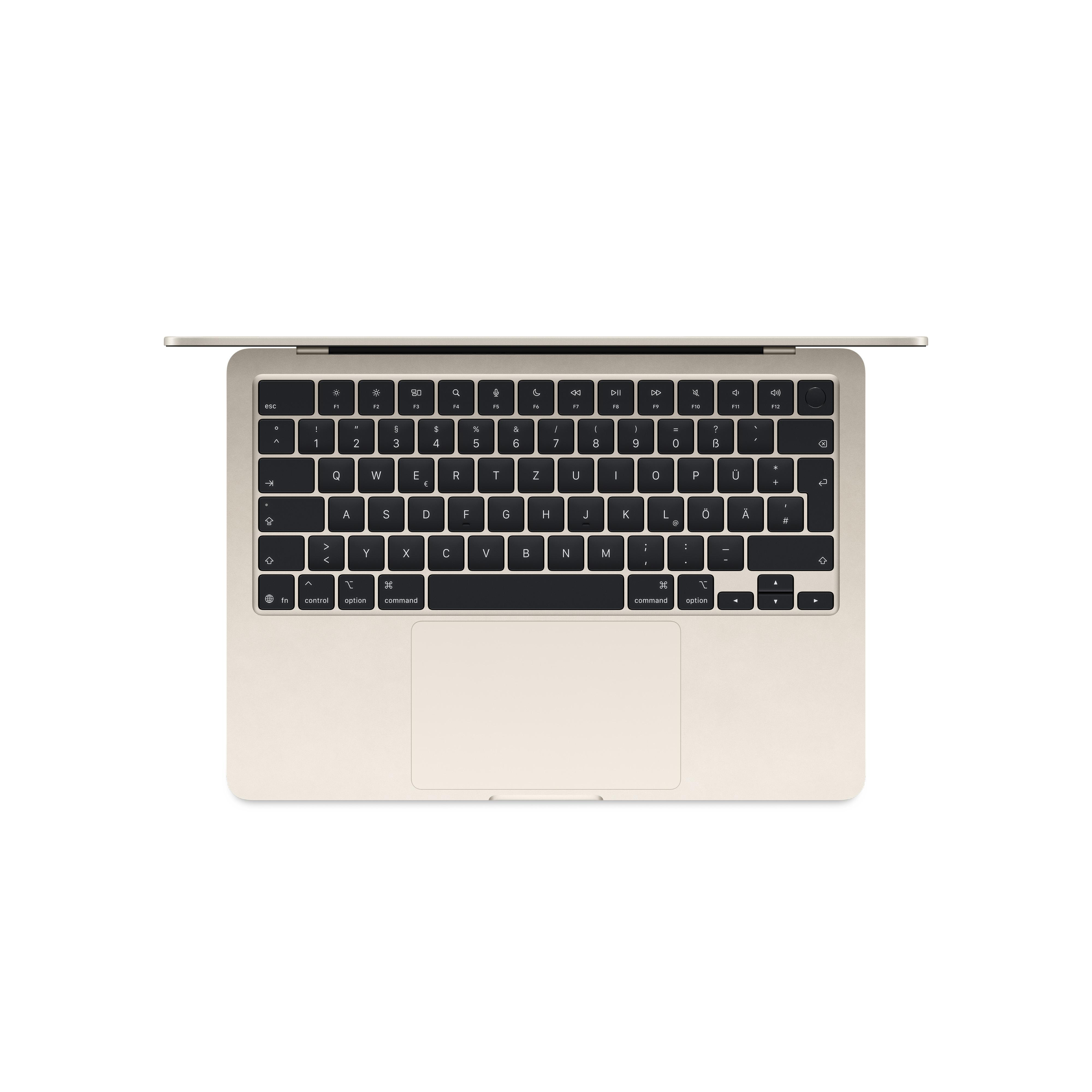 Ein hellgoldenes MacBook von oben mit geöffnetem Deckel und Tastatur.