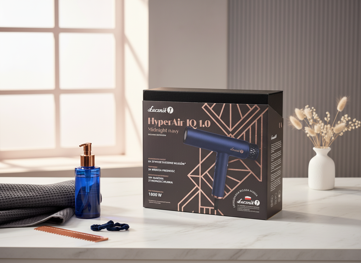 Ciemnoniebieska suszarka do włosów leży obok niebieskiej butelki i grzebienia.