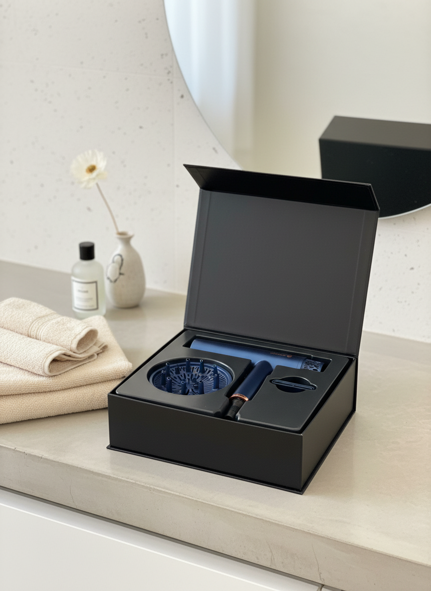 Czarne pudełko zawierające niebieski zestaw suszarki do włosów, ręczniki, butelkę i kwiat.