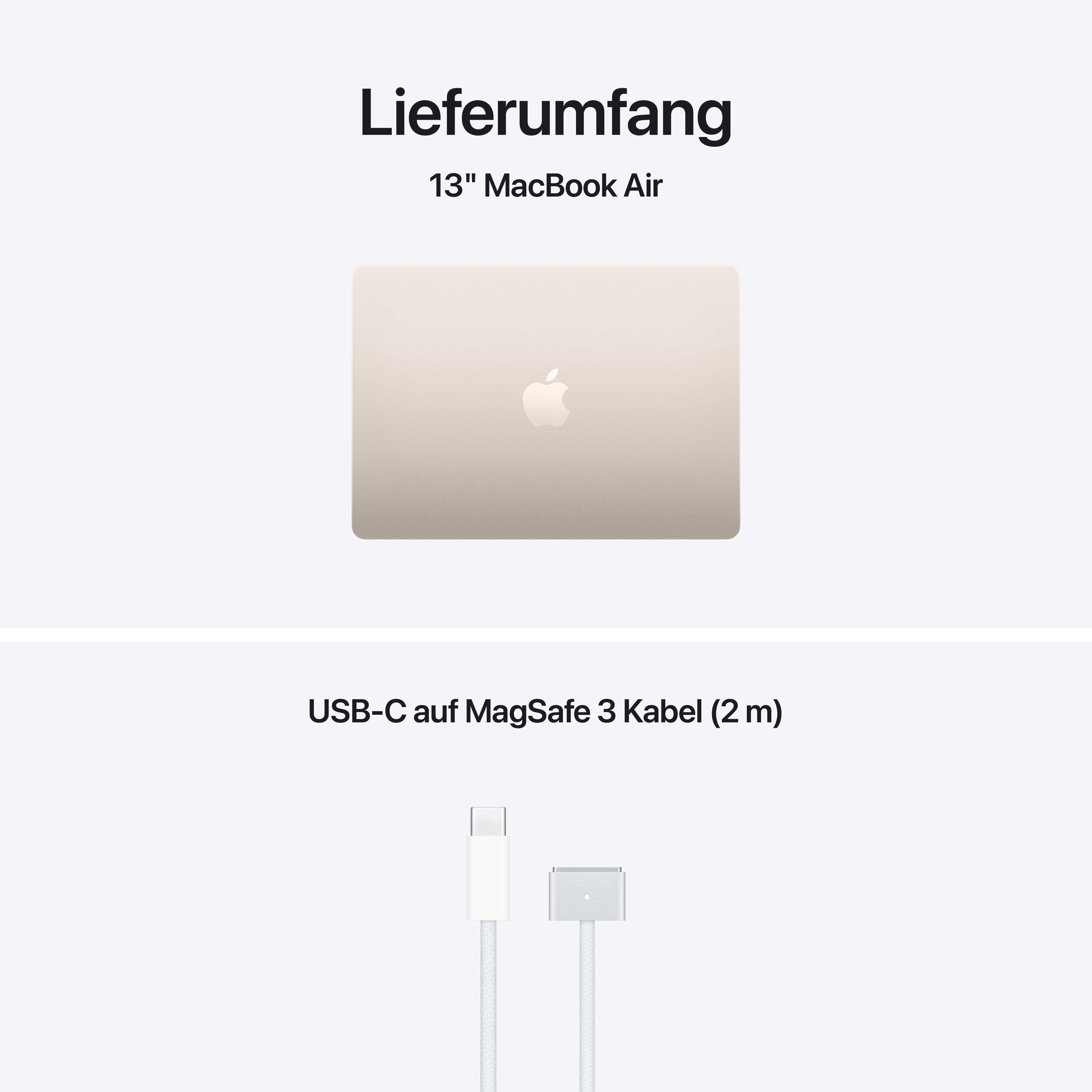 Ein hellgoldenes 13" MacBook Air und ein weißes USB-C auf MagSafe 3 Kabel.