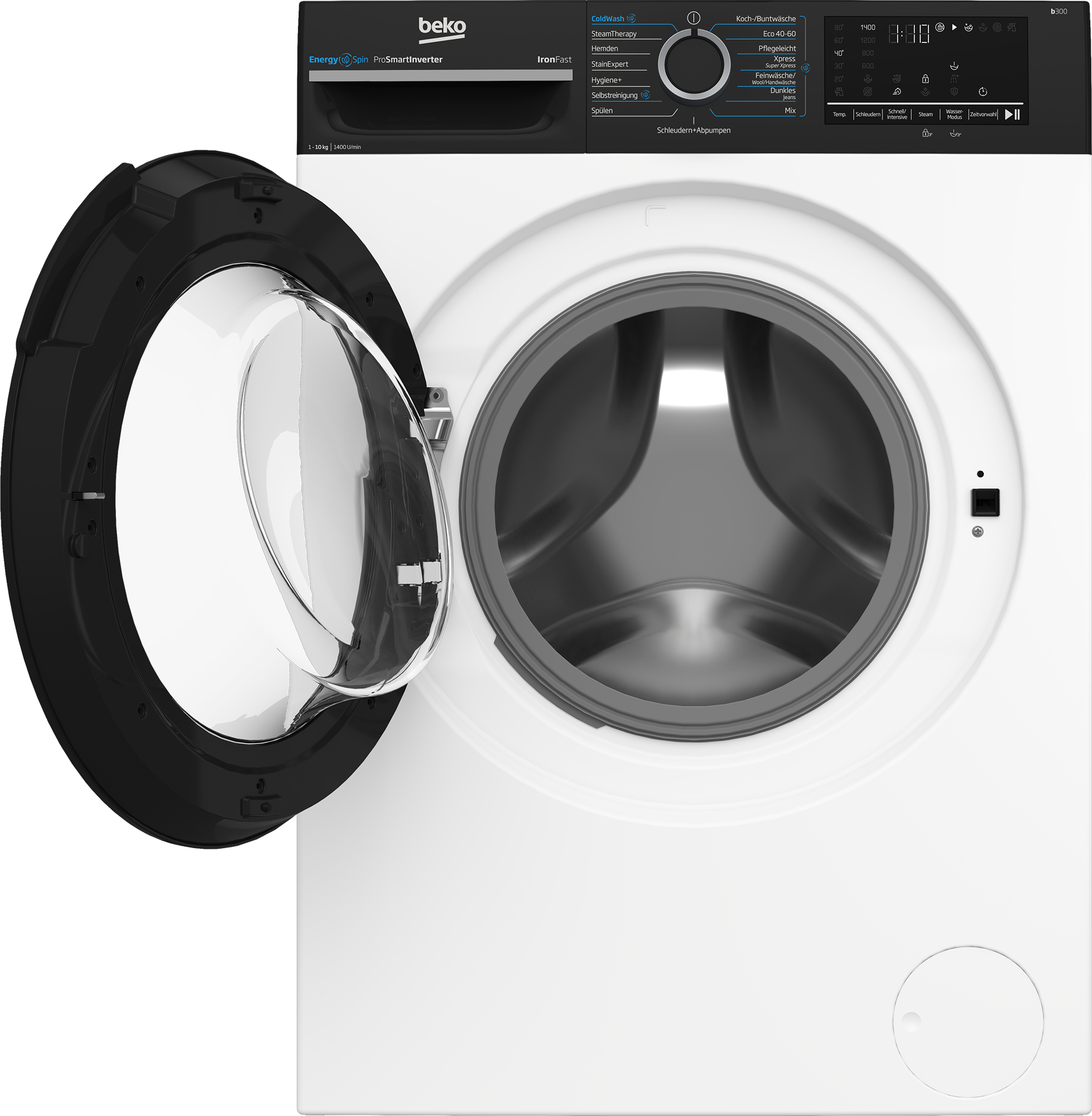 Weiße Waschmaschine mit geöffneter Tür und schwarzem Rand. Bedienfeld mit Display.
