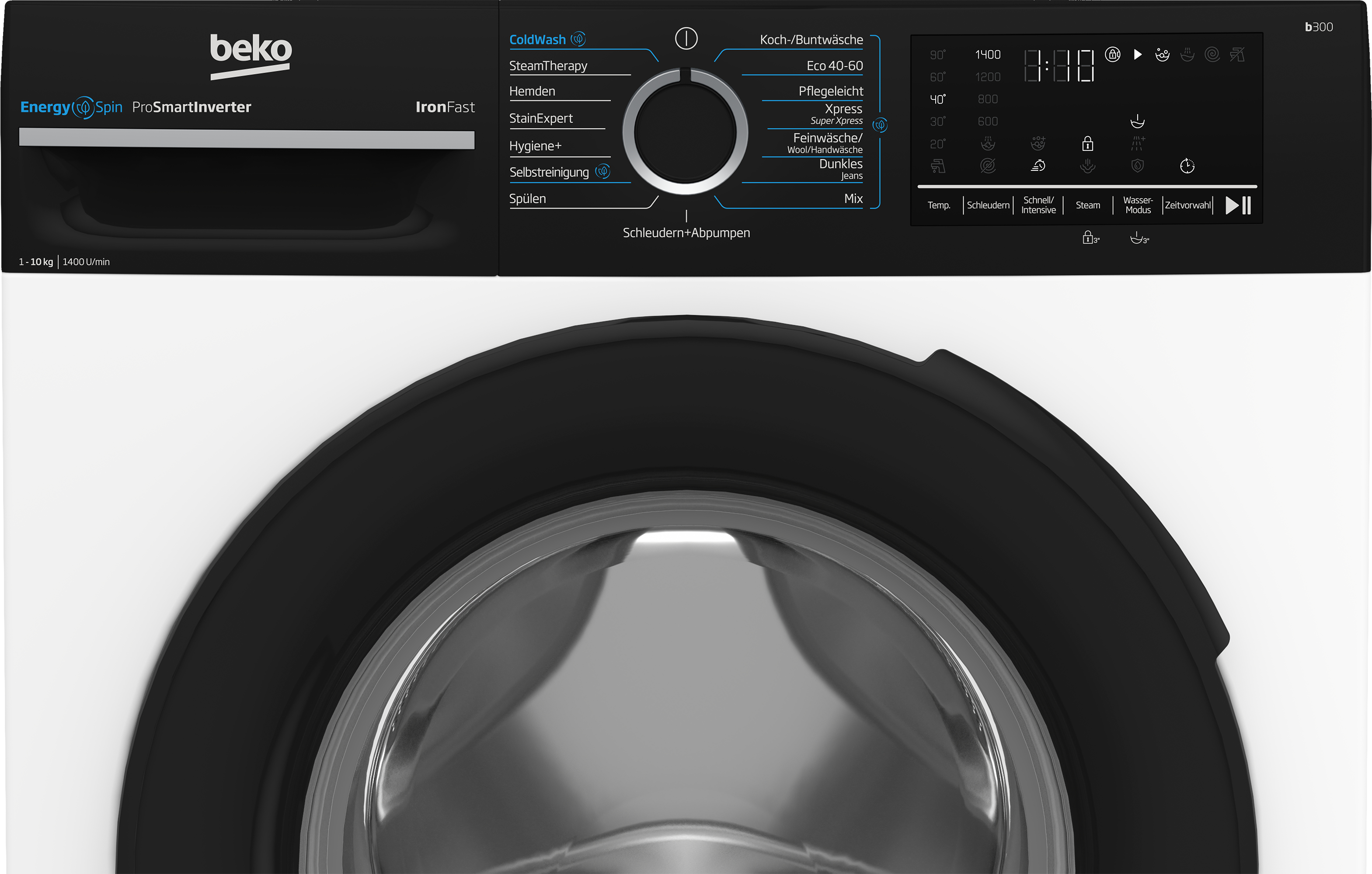 Beko Waschmaschine mit digitalem Display und Programmauswahl.