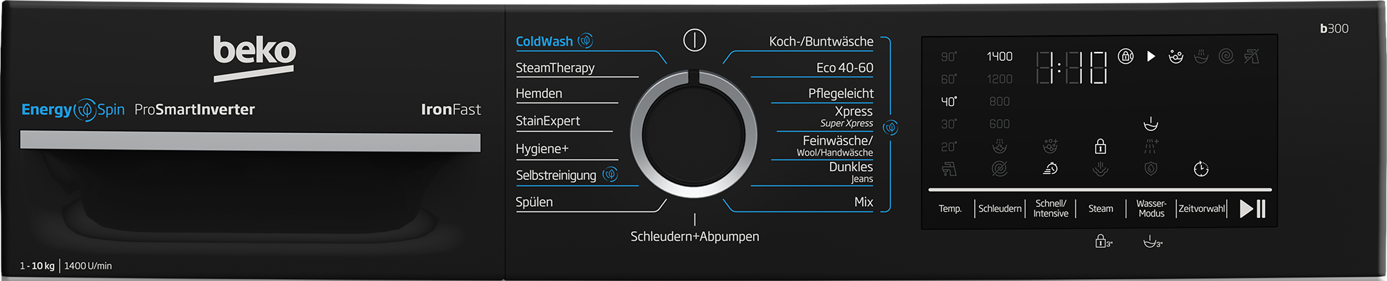 Bedienfeld einer Beko Waschmaschine mit Programmauswahl und digitaler Anzeige.