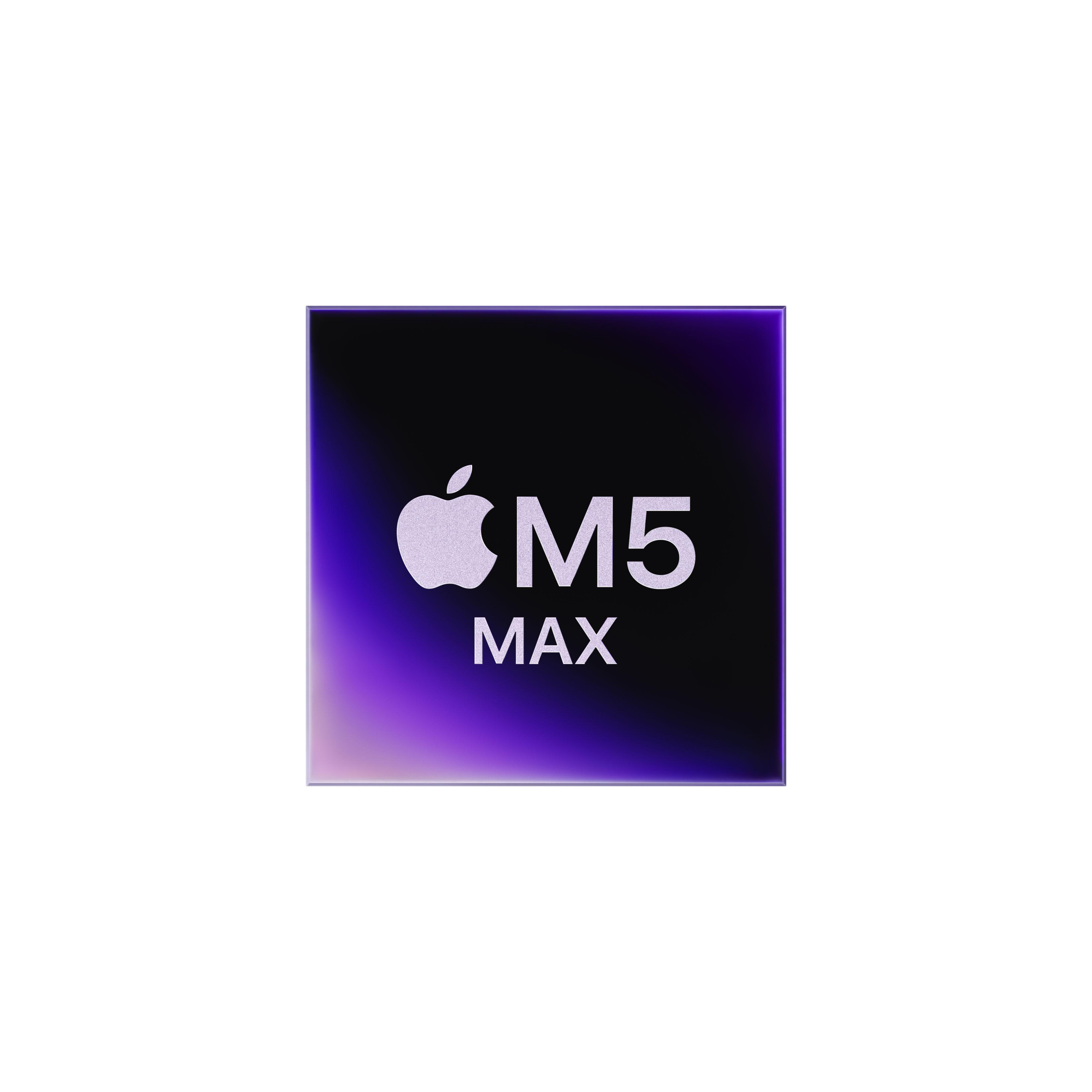Ein Apple M5 Max Chip-Logo auf schwarzem Hintergrund mit violettem Schein.