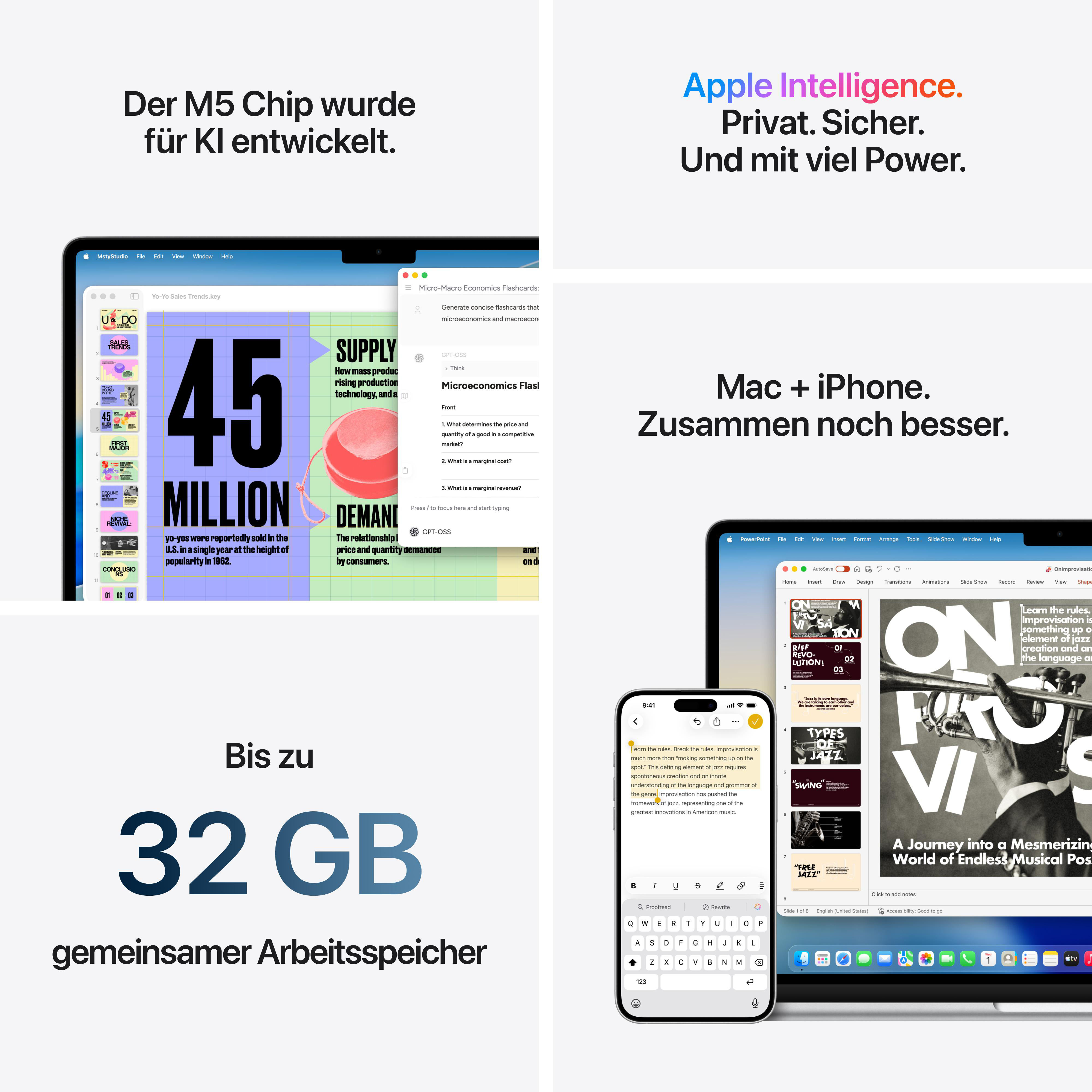 Apple-Geräte mit Text über KI, Speicher und Jazz-Präsentationen.