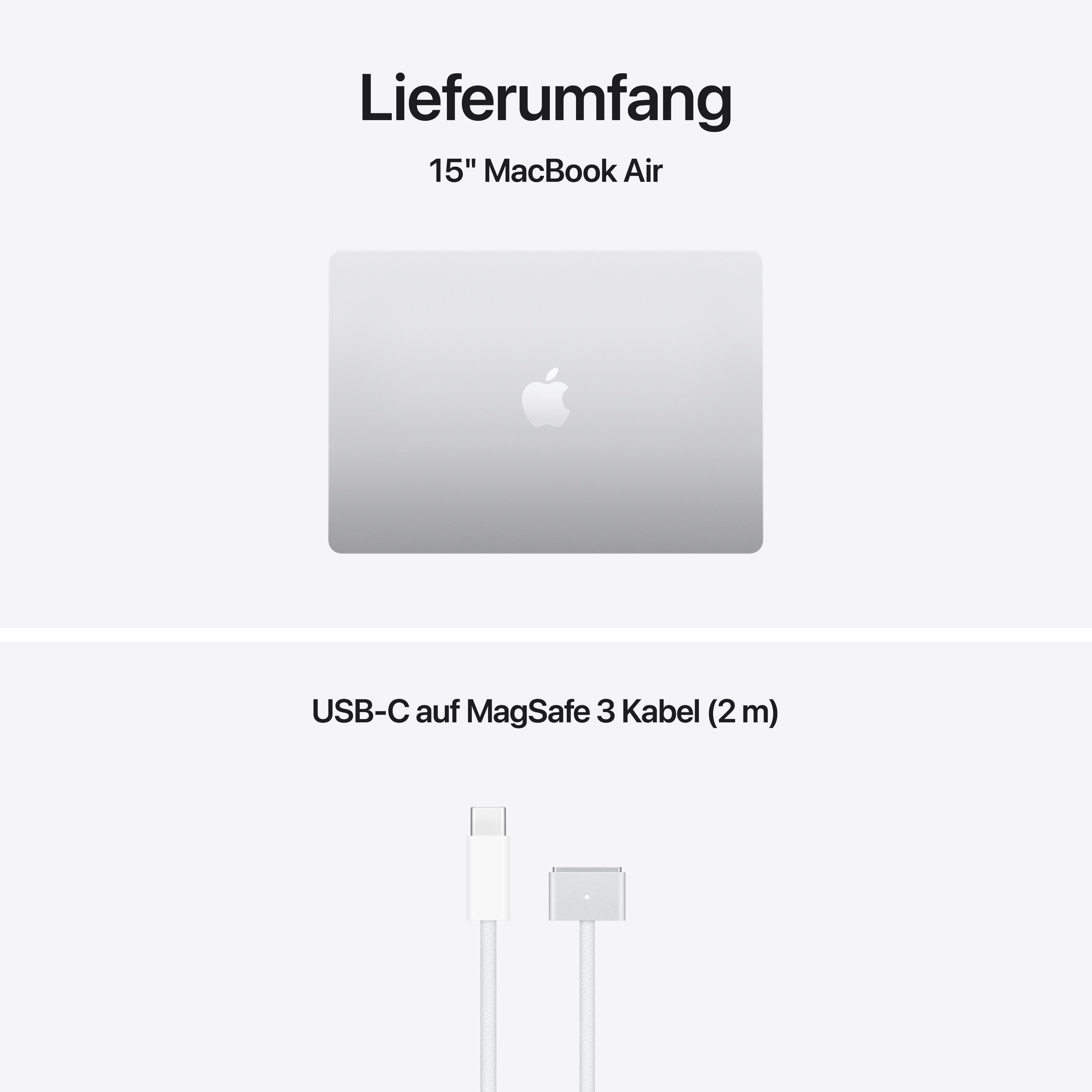 Lieferumfang: 15" MacBook Air und USB-C auf MagSafe 3 Kabel.