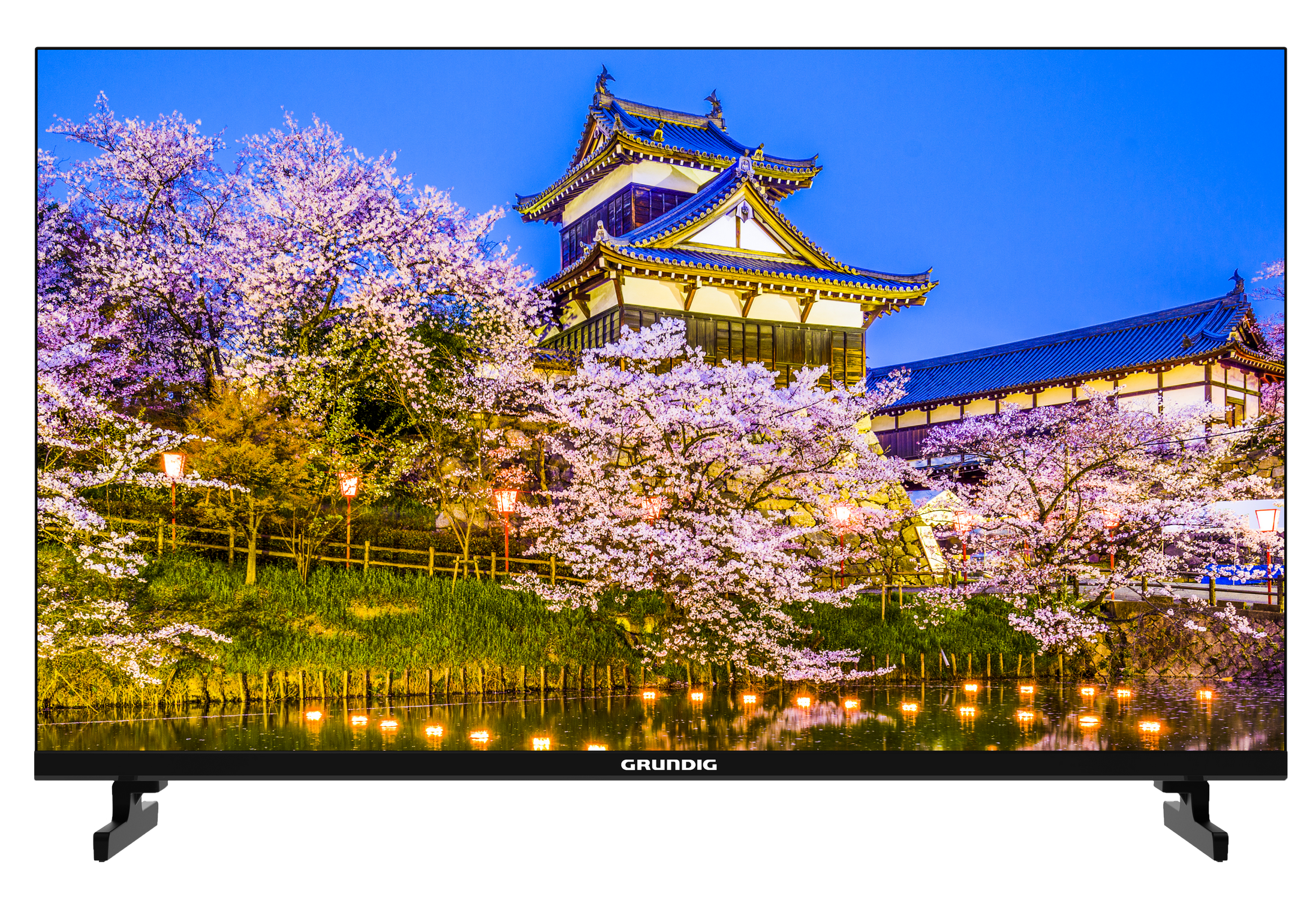 Geceleri çiçek açan kiraz ağaçlarıyla çevrili Japon kalesi.
