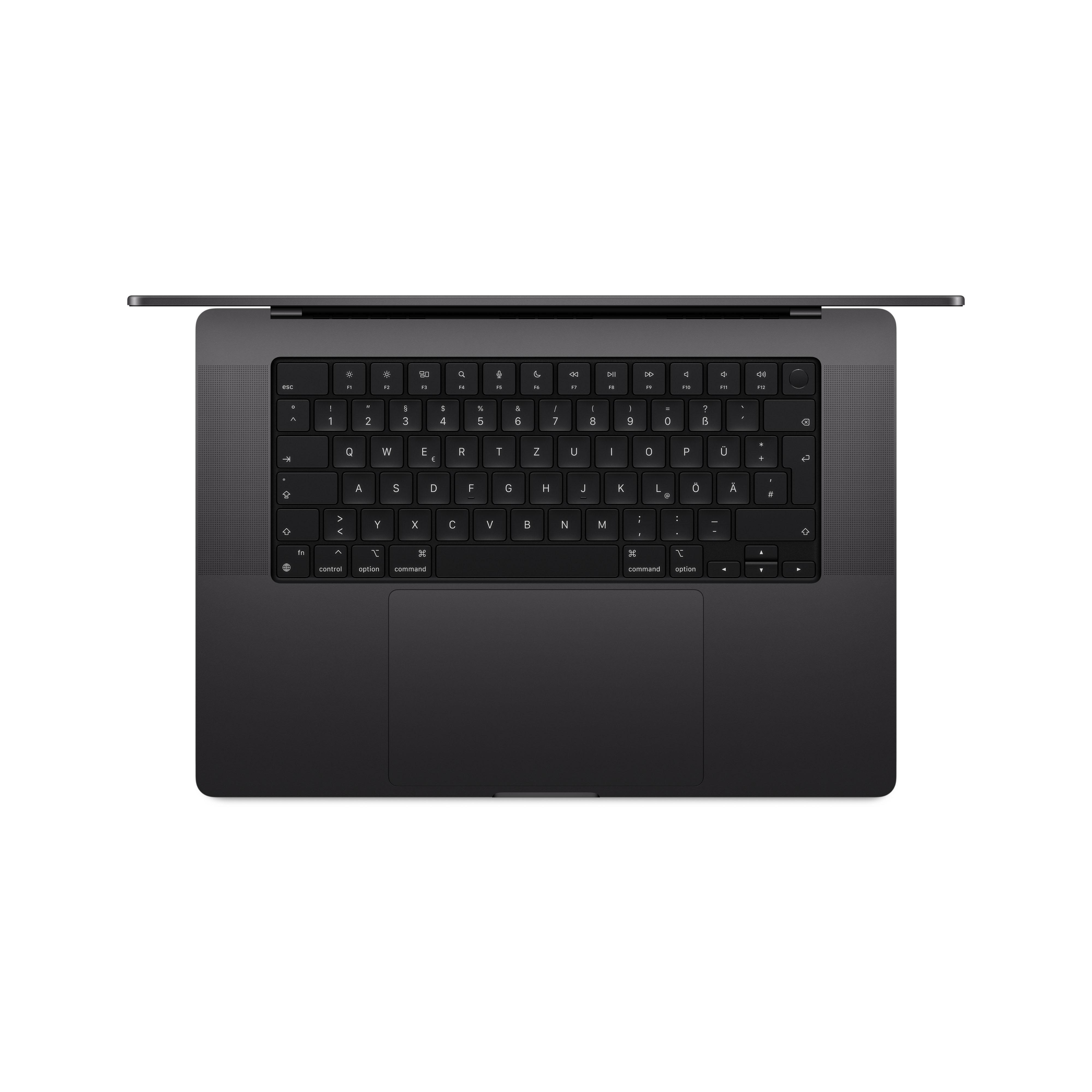 Ein geschlossenes dunkles MacBook mit Tastatur und Trackpad.