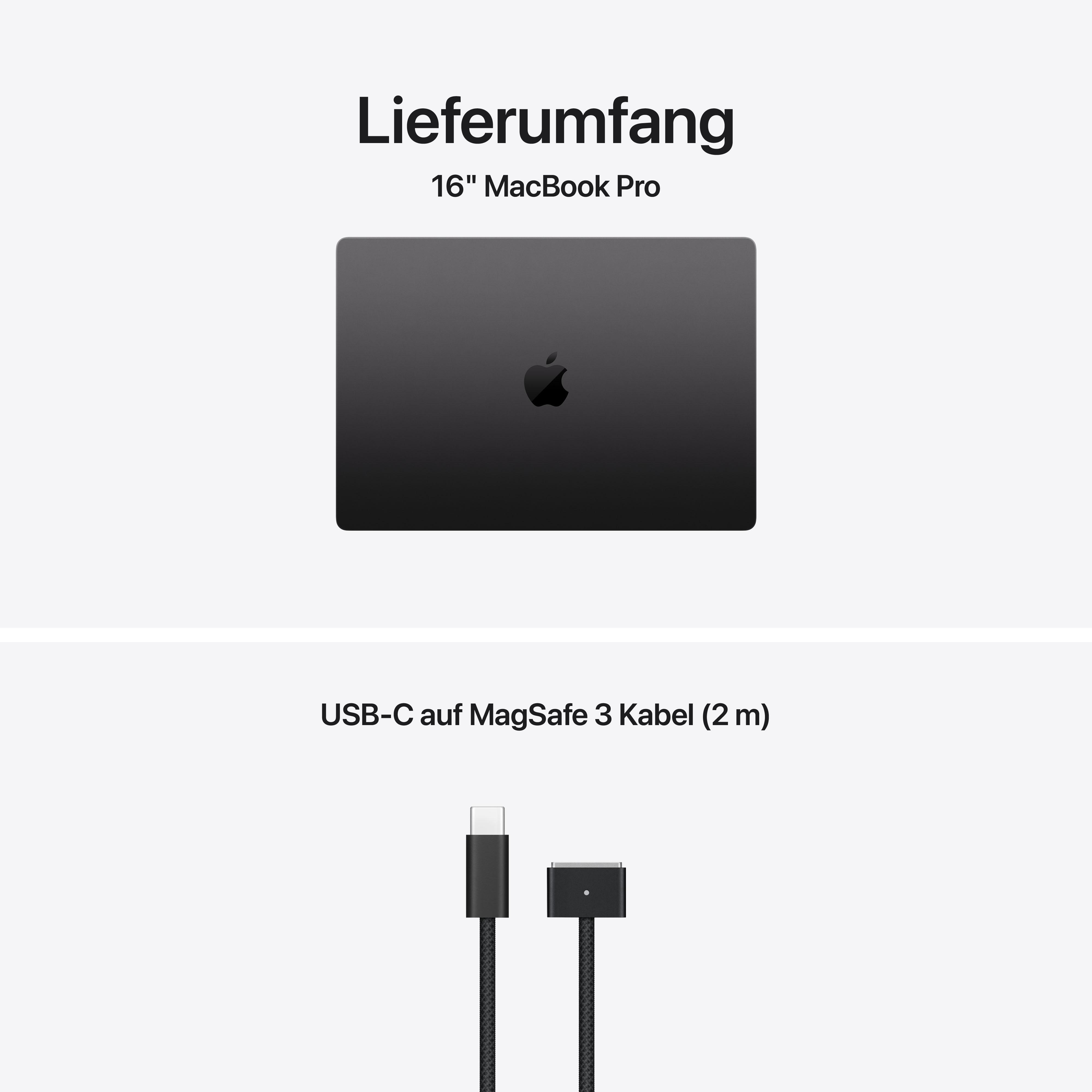 Ein geschlossenes dunkles MacBook Pro und ein schwarzes USB-C auf MagSafe 3 Kabel.