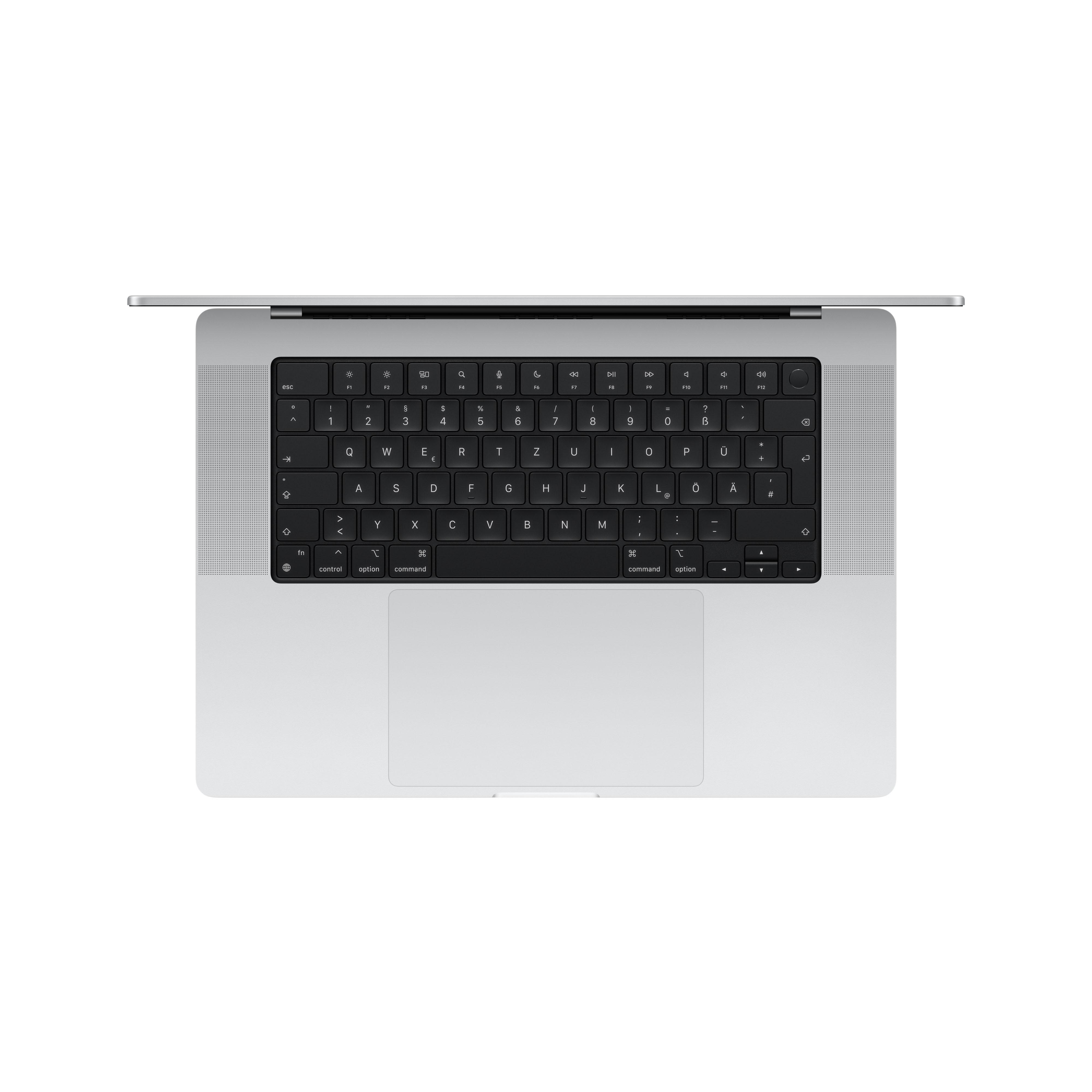 Ein silberner Laptop ist von oben geöffnet. Die Tastatur und das Trackpad sind sichtbar.