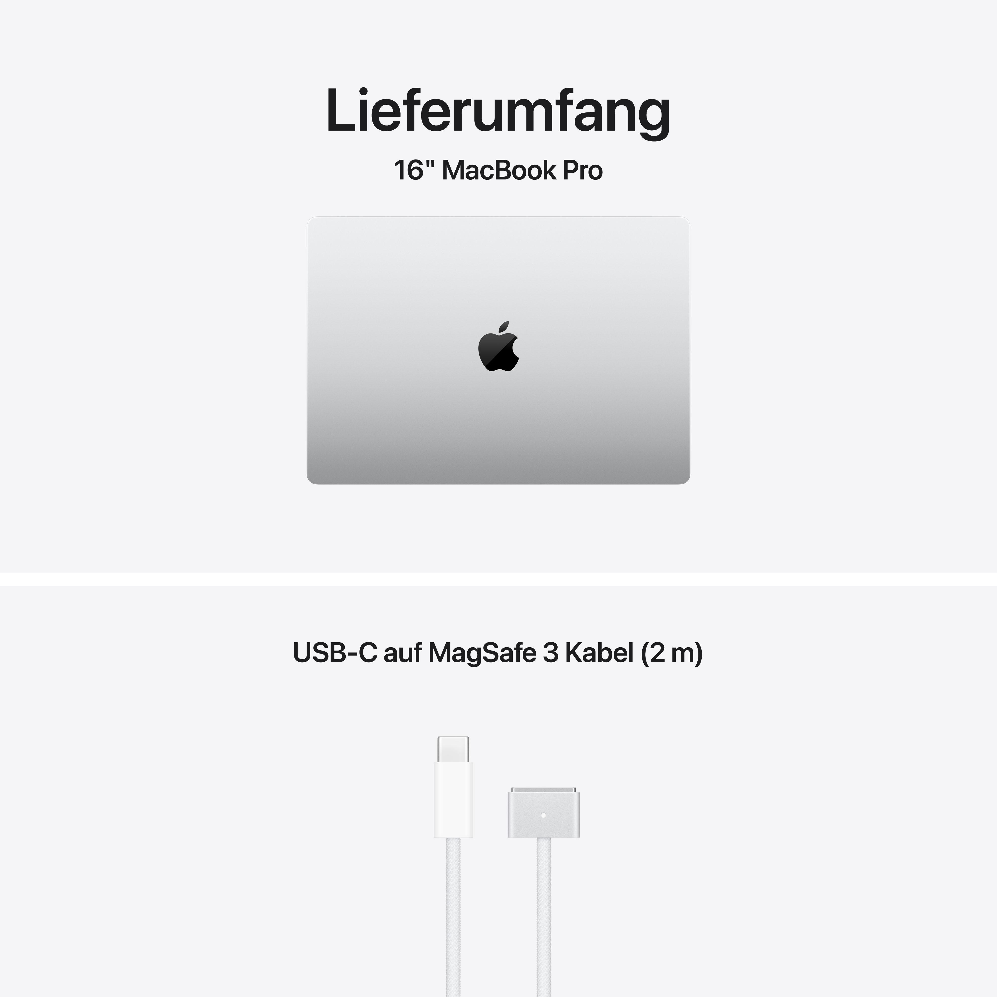 Ein 16-Zoll MacBook Pro und ein USB-C auf MagSafe 3 Kabel (2m).