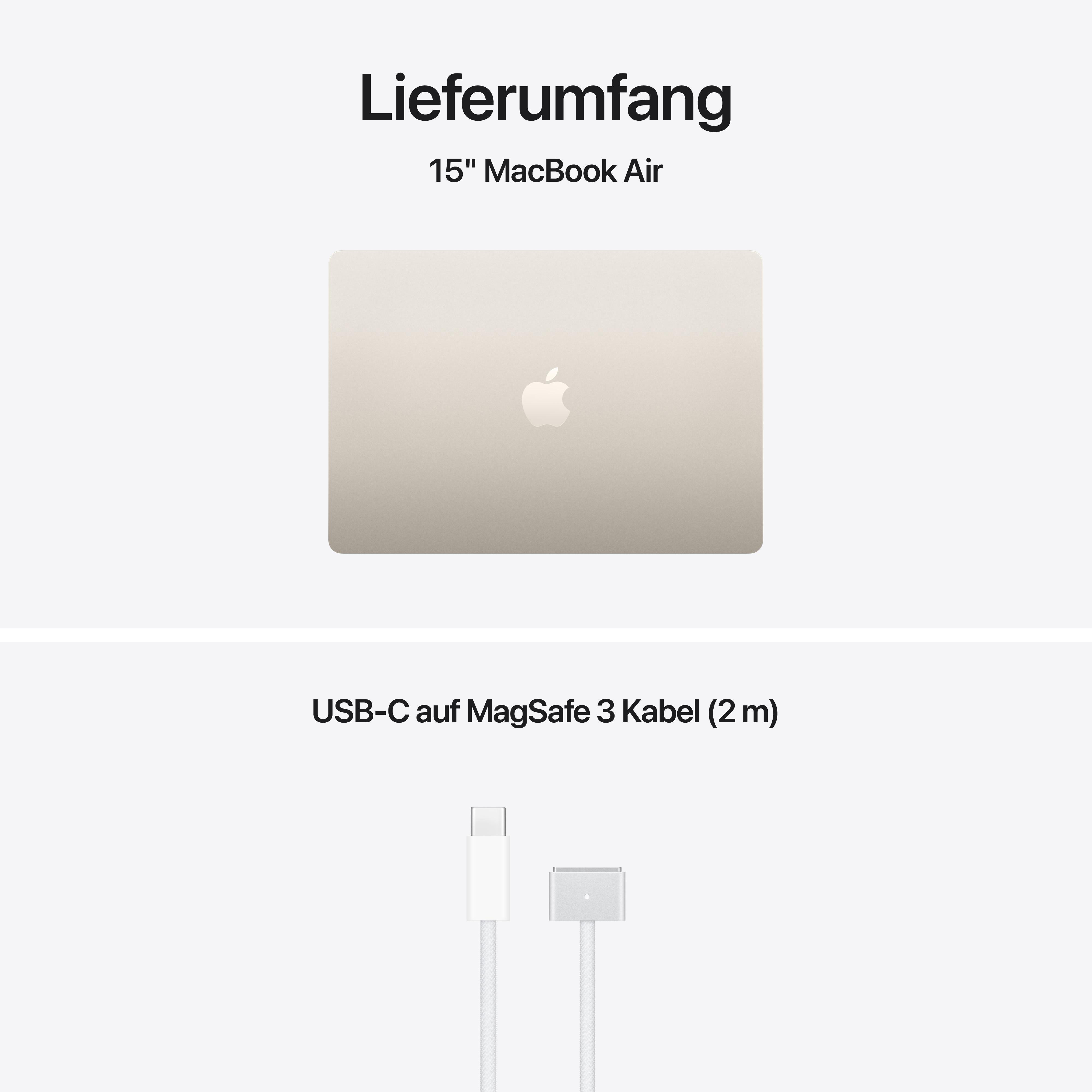Ein hellgoldenes 15" MacBook Air und ein weißes USB-C auf MagSafe 3 Ladekabel.