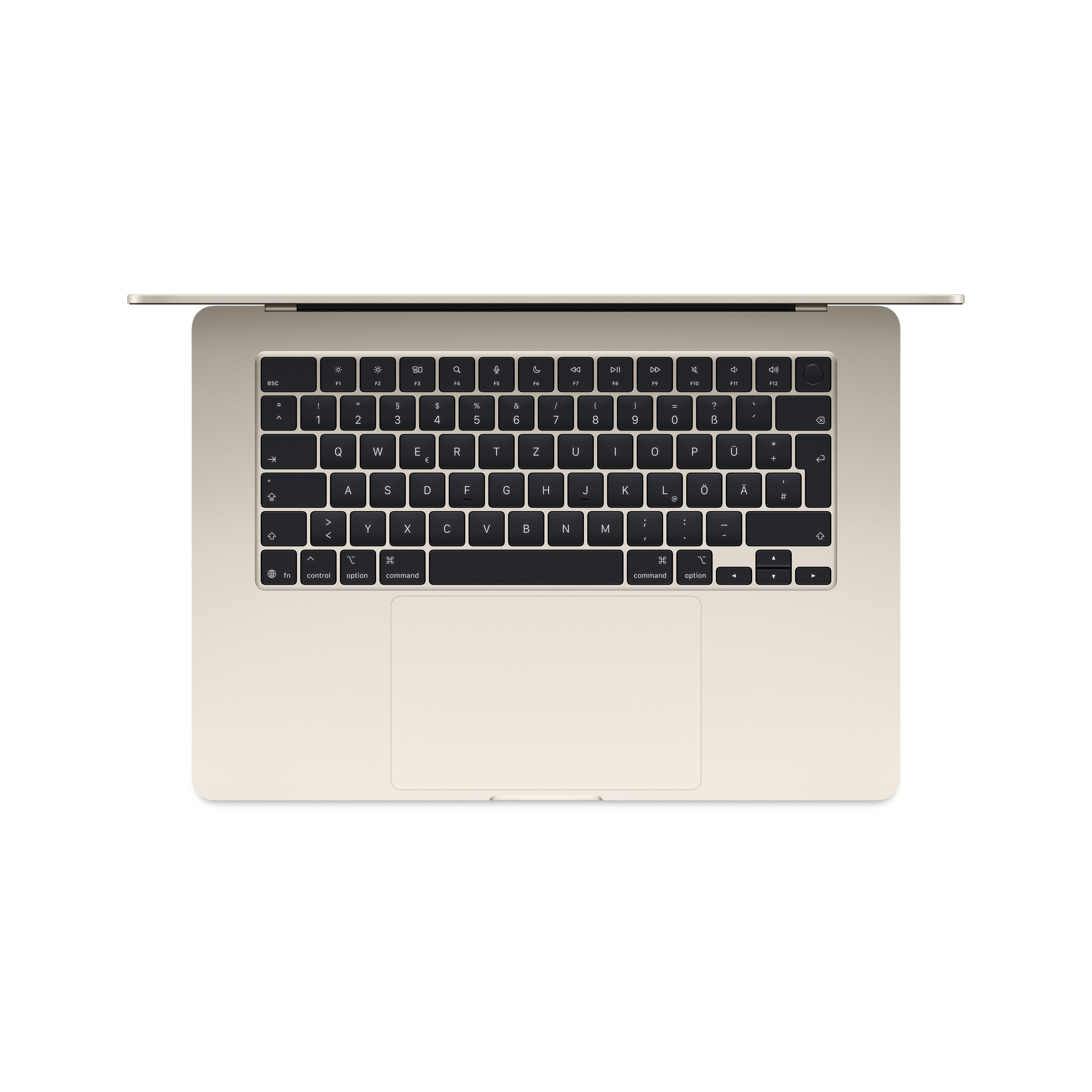 Ein hellgoldener Laptop ist von oben zu sehen, Tastatur und Touchpad.