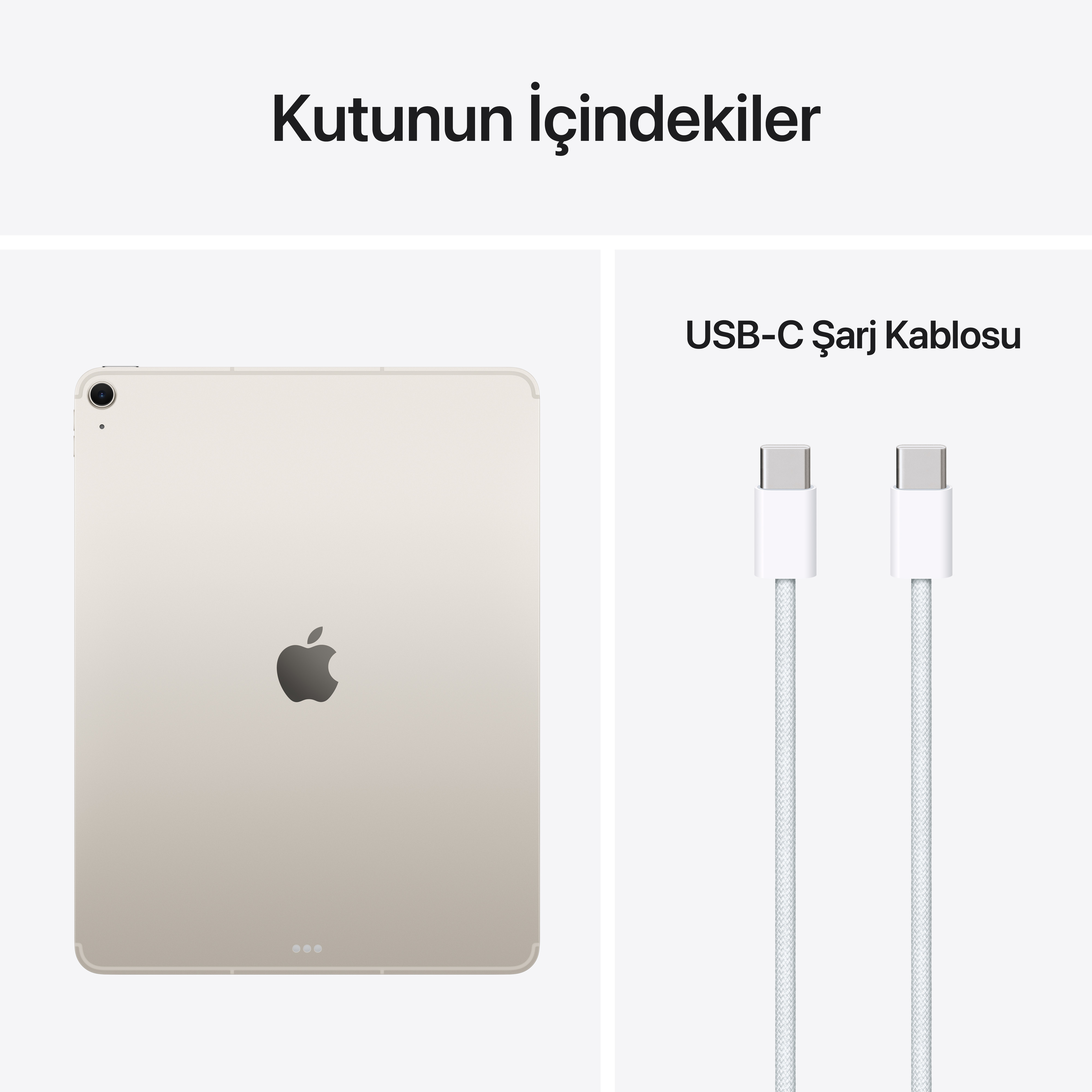 Açık altın rengi tablet ve iki beyaz USB-C şarj kablosu.