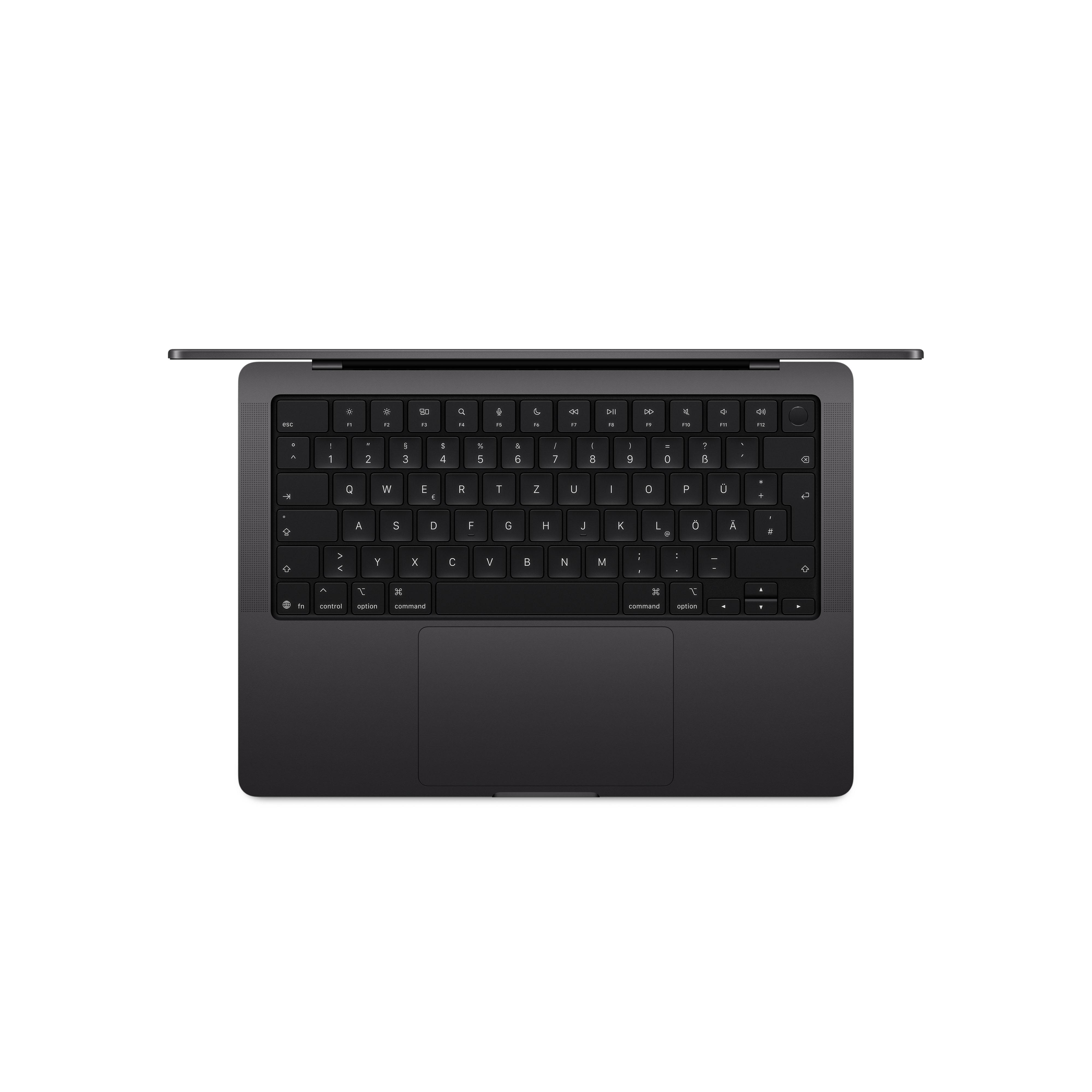 Dunkelgraues MacBook mit Tastatur und Trackpad, von oben gesehen.